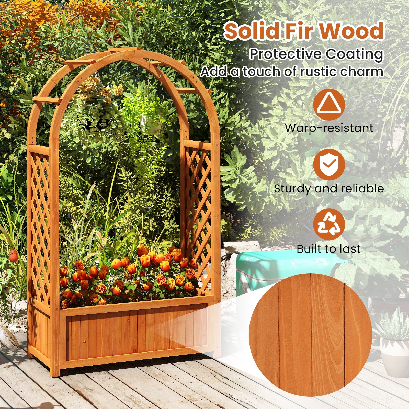 Raised Garden Bed with Lattice Trellis Ached Roof Elevated Planter Box-Brown