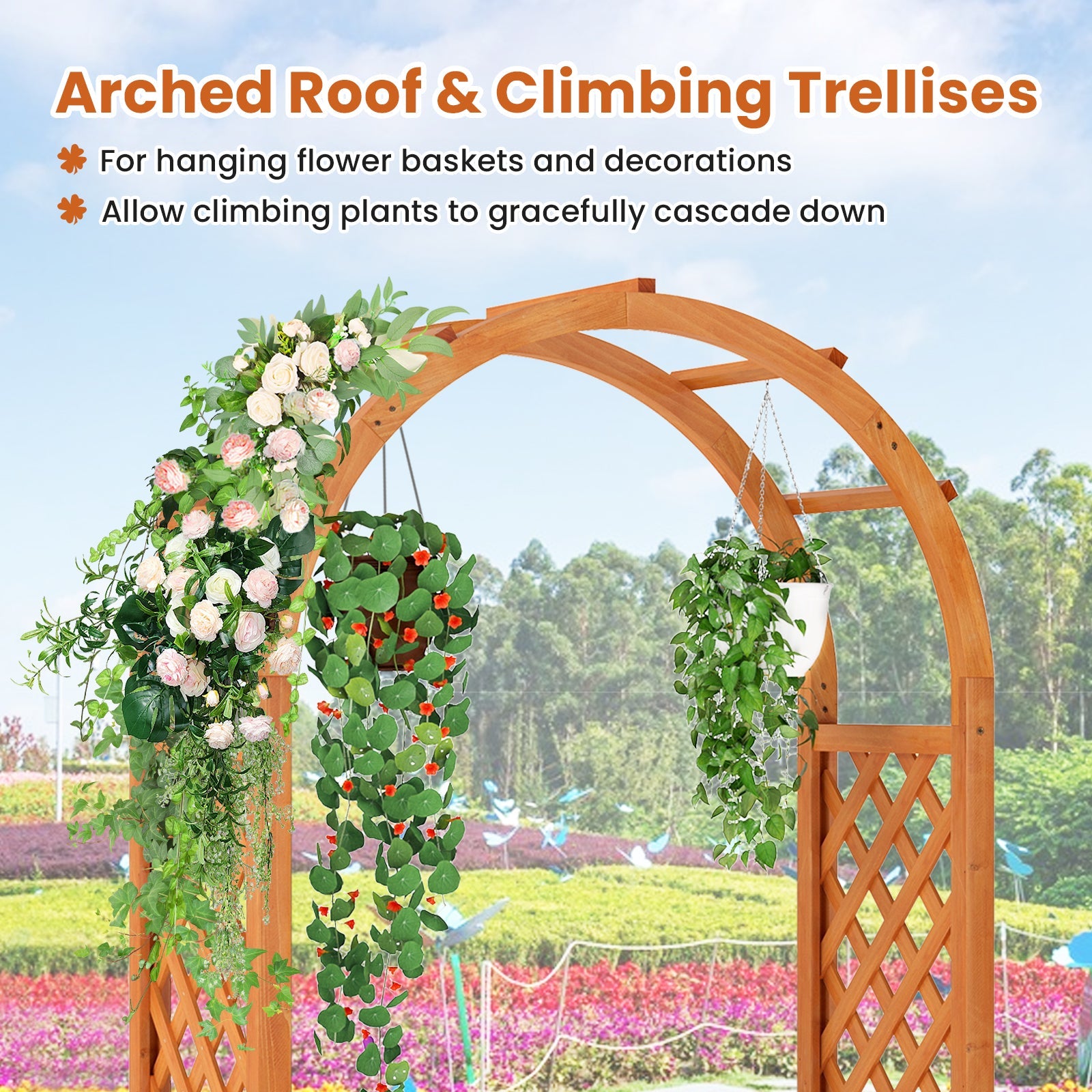 Raised Garden Bed with Lattice Trellis Ached Roof Elevated Planter Box-Brown