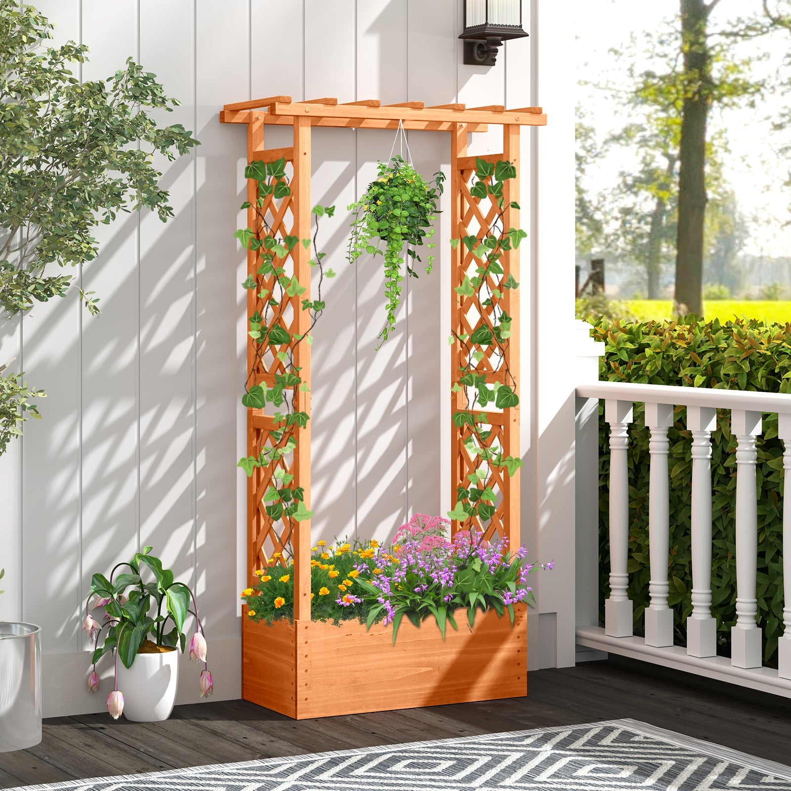 Raised Garden Bed with Side Trellis, Hanging Roof & Drainage Hole-Orange