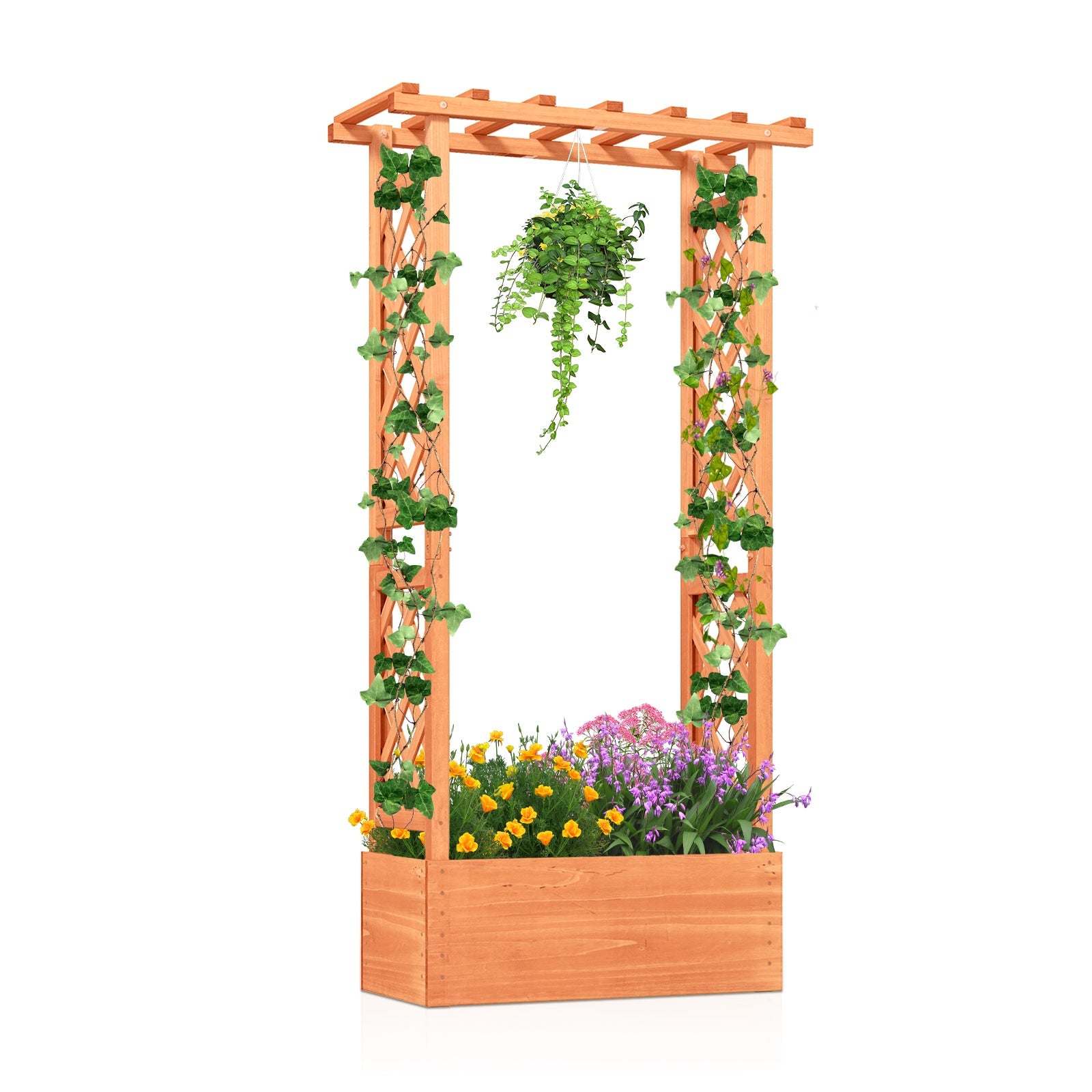 Raised Garden Bed with Side Trellis, Hanging Roof & Drainage Hole-Orange