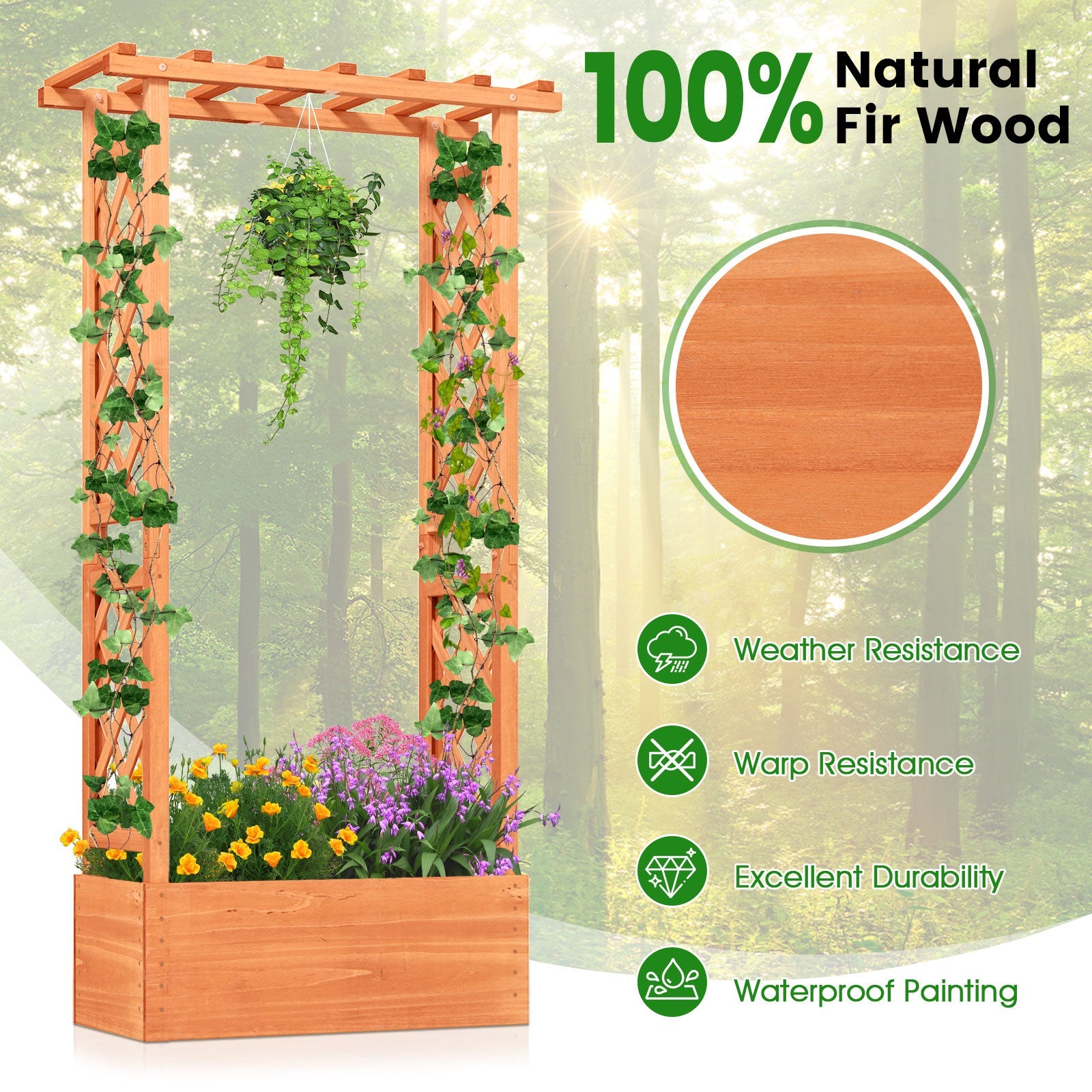 Raised Garden Bed with Side Trellis, Hanging Roof & Drainage Hole-Orange