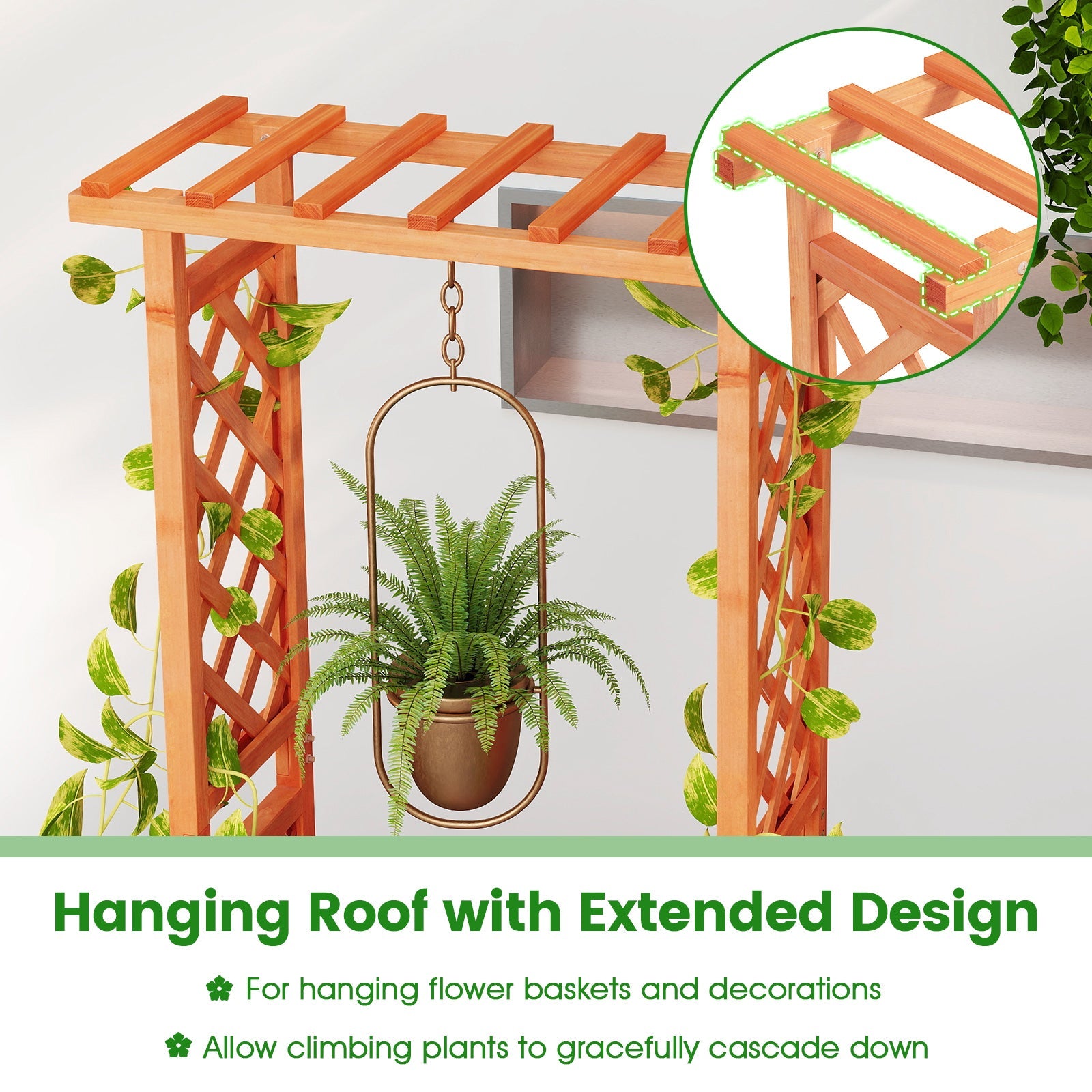 Raised Garden Bed with Side Trellis, Hanging Roof & Drainage Hole-Orange