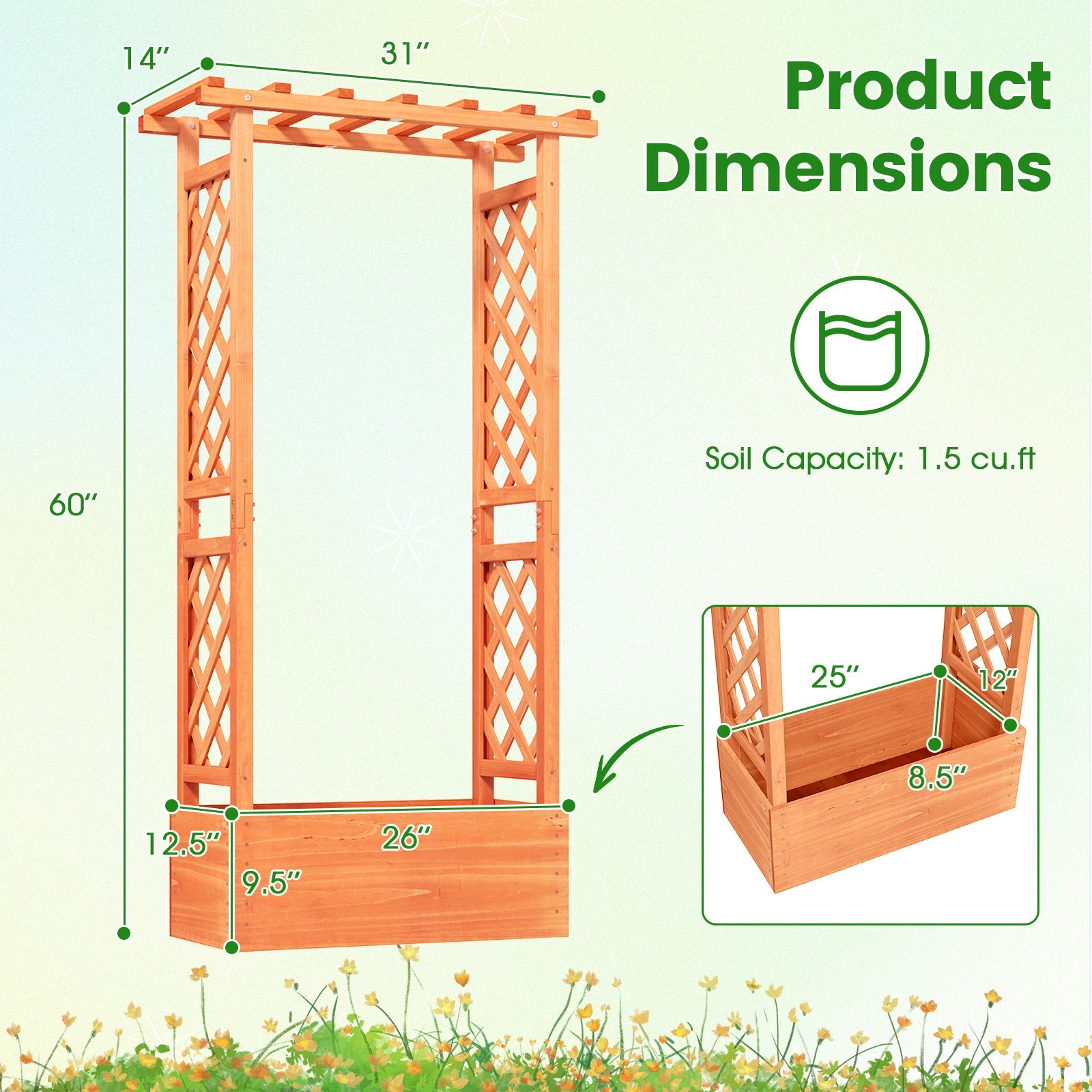 Raised Garden Bed with Side Trellis, Hanging Roof & Drainage Hole-Orange