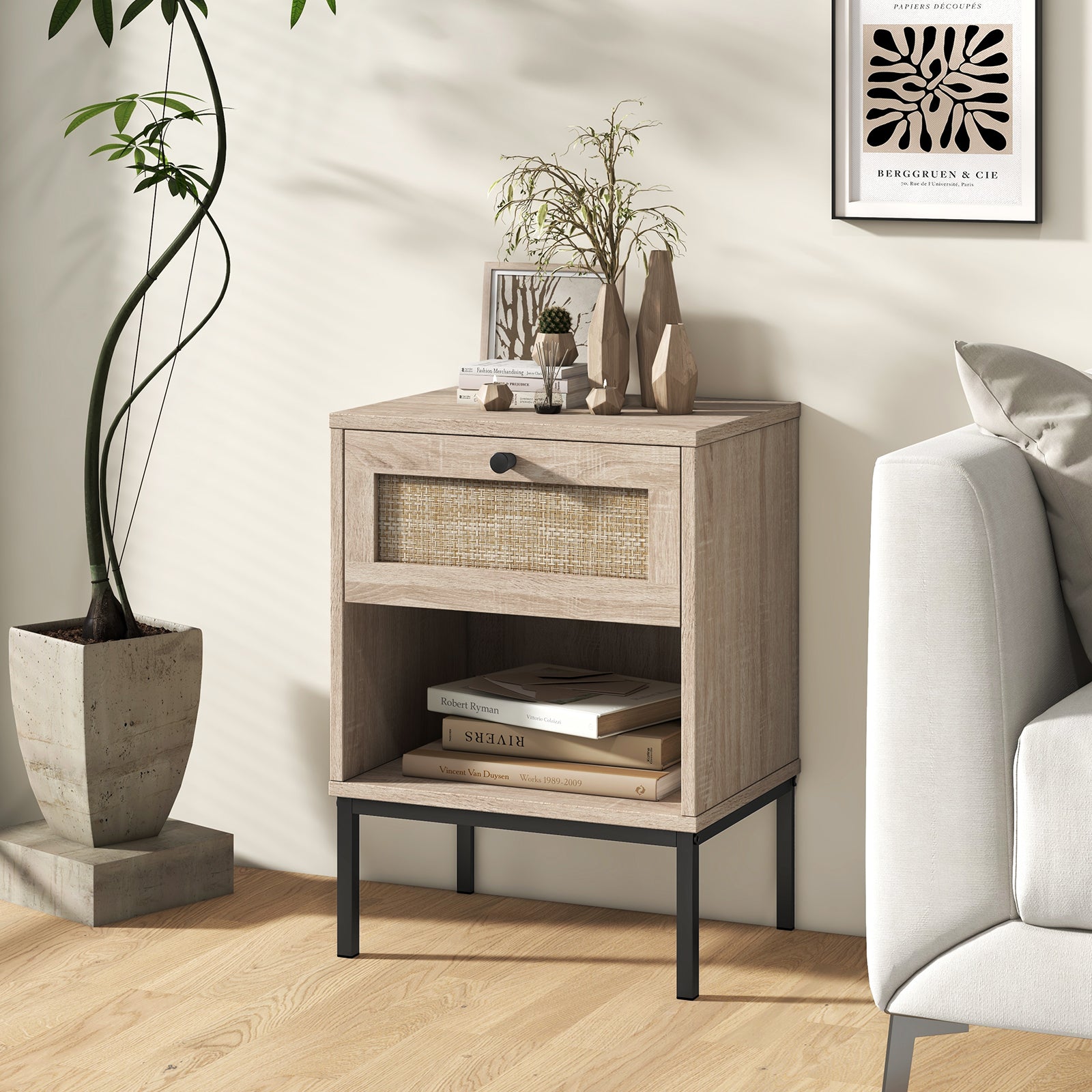 Rattan Nightstand Boho End Table Set of 2-Oak