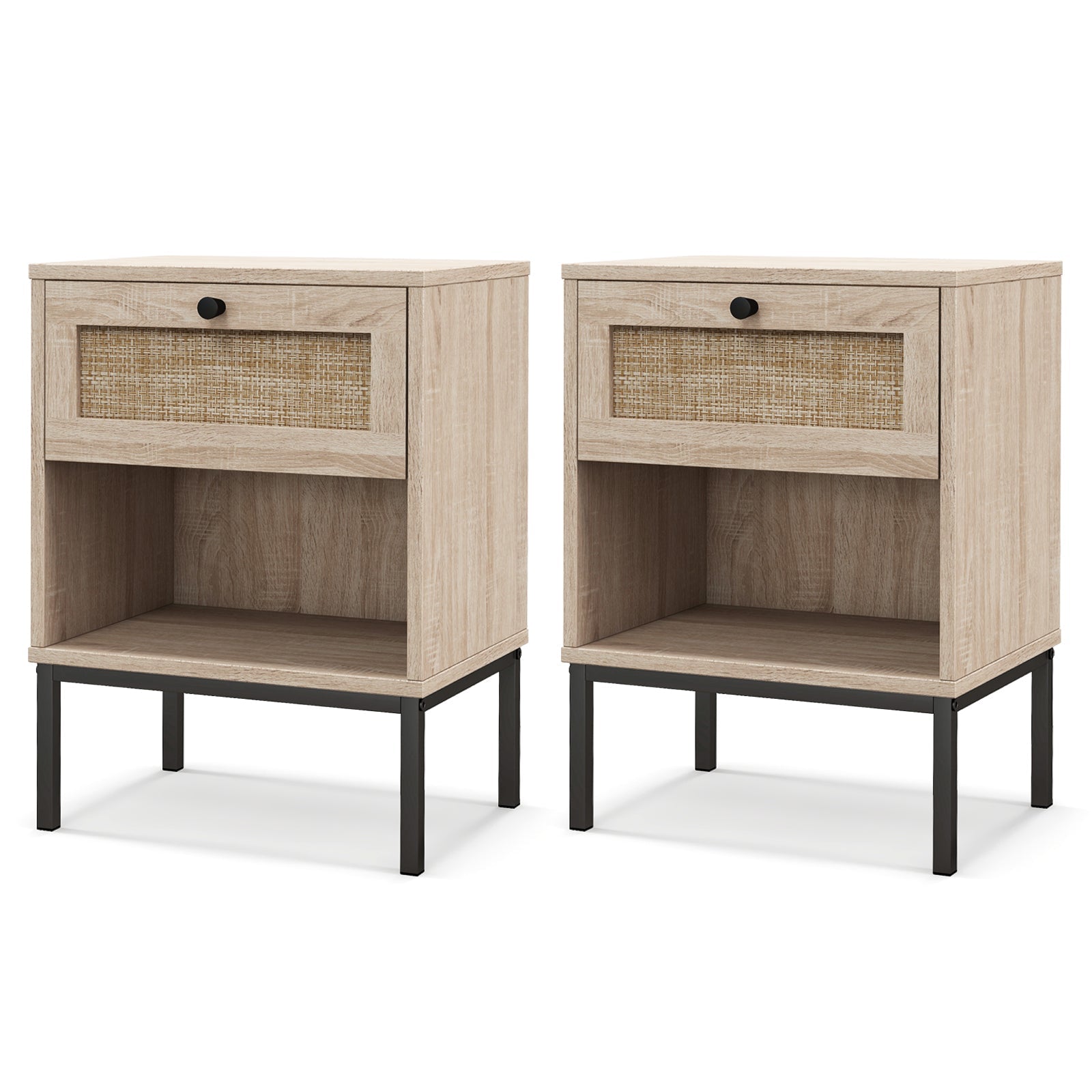 Rattan Nightstand Boho End Table Set of 2-Oak
