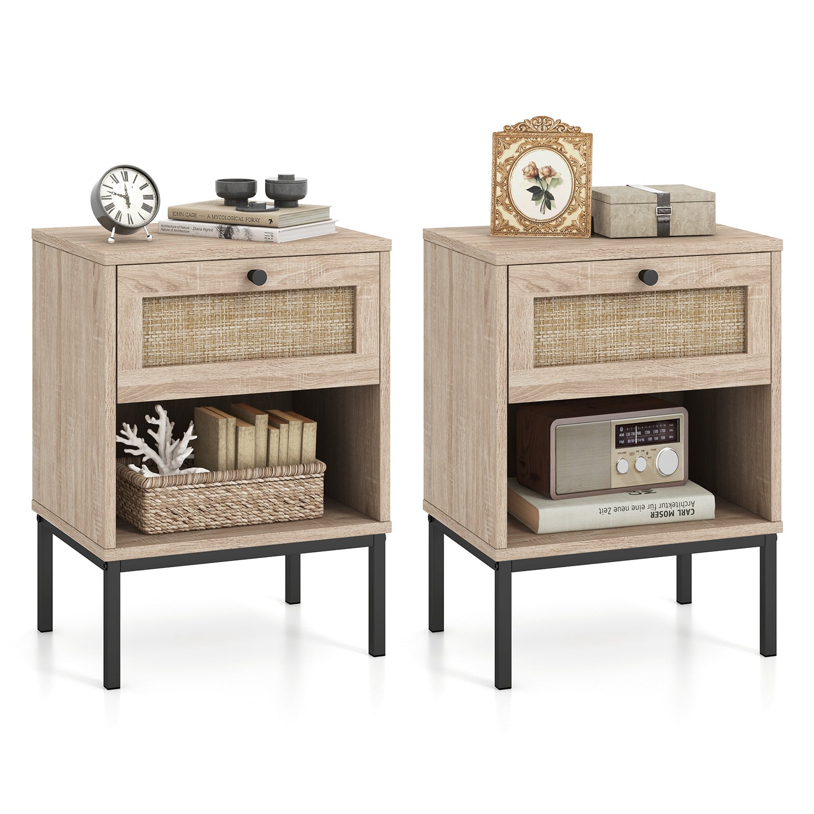 Rattan Nightstand Boho End Table Set of 2-Oak