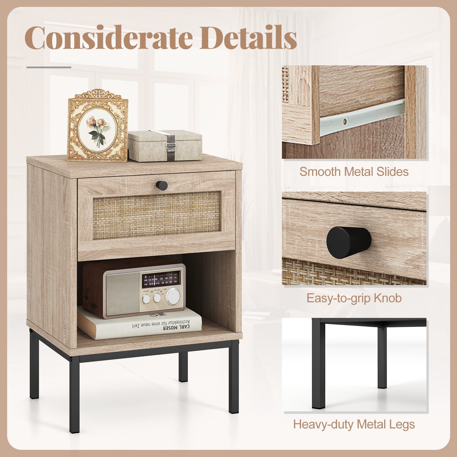 Rattan Nightstand Boho End Table Set of 2-Oak