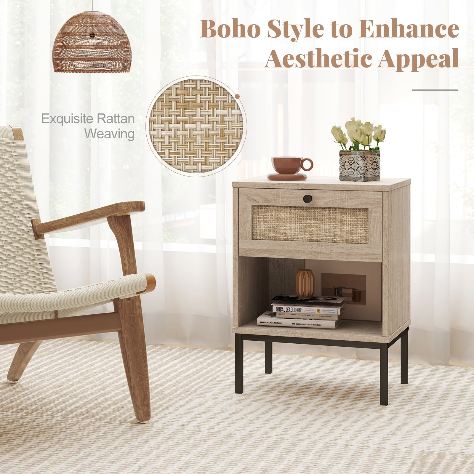 Rattan Nightstand Boho End Table Set of 2-Oak