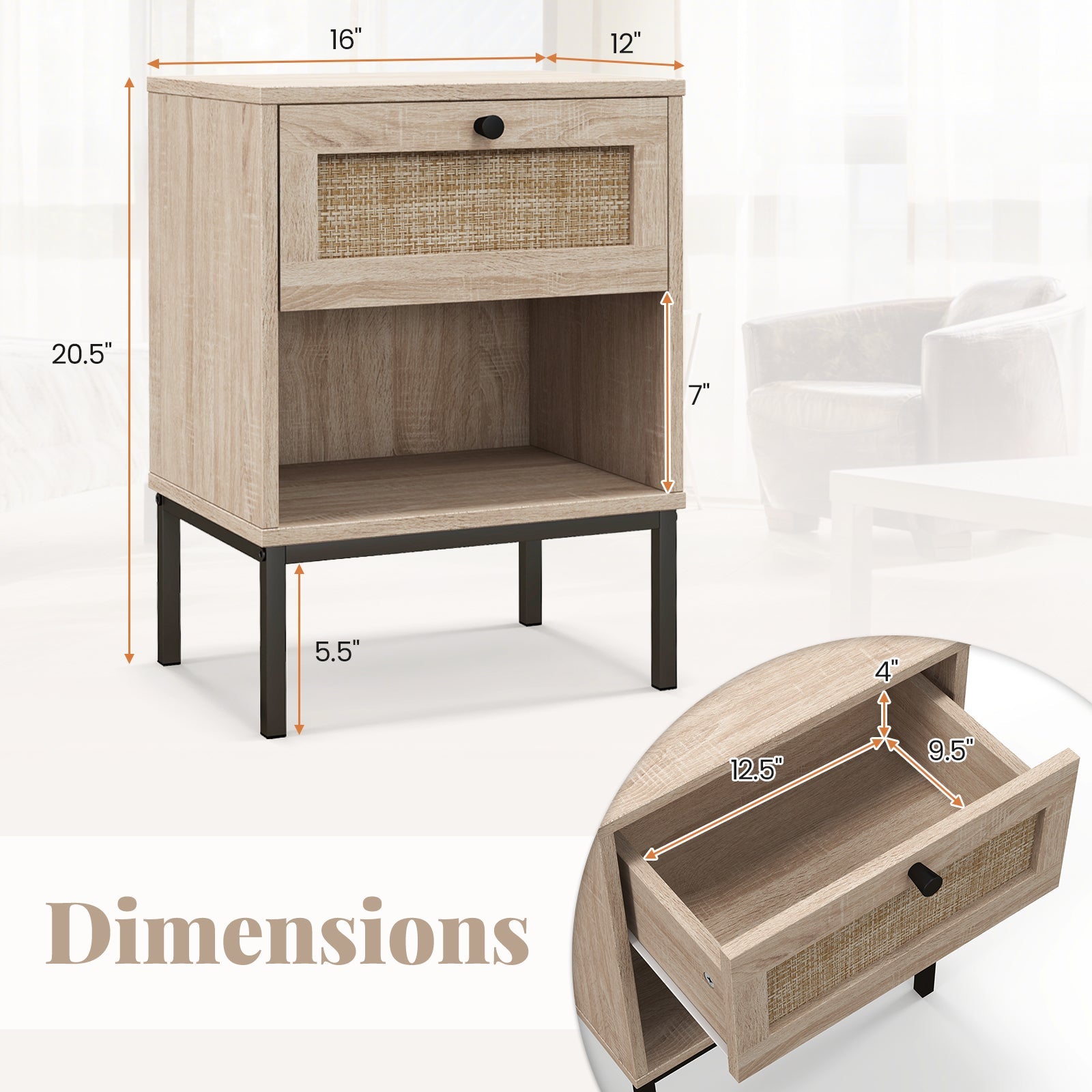 Rattan Nightstand Boho End Table Set of 2-Oak