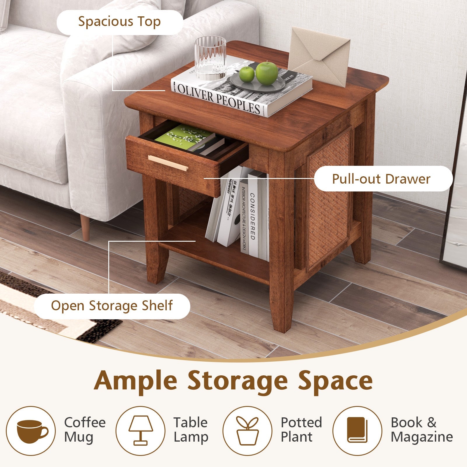 Rattan Nightstand End Table with Drawer and Storage Shelf-Walnut