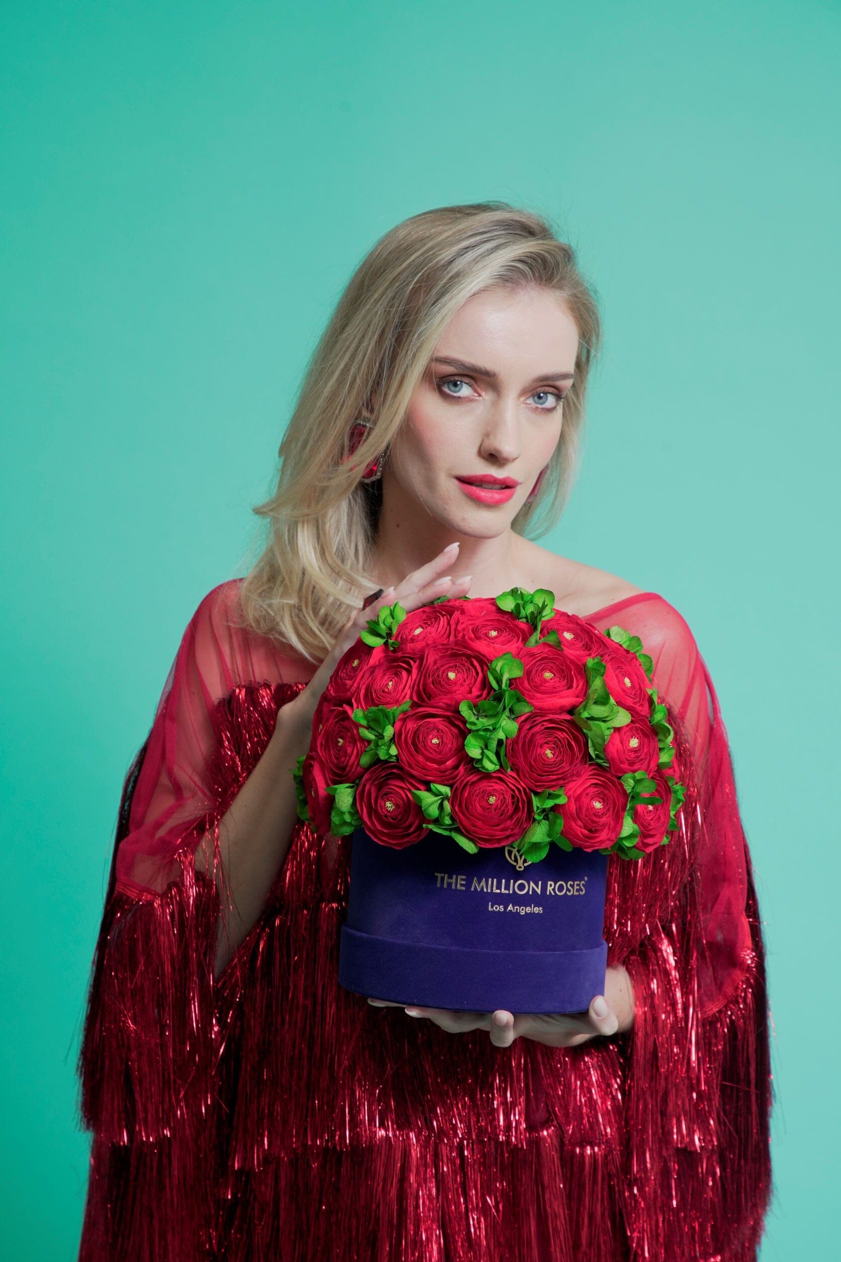 Classic Royal Blue Suede Box | Red Persian Buttercups & Green Hydrangeas