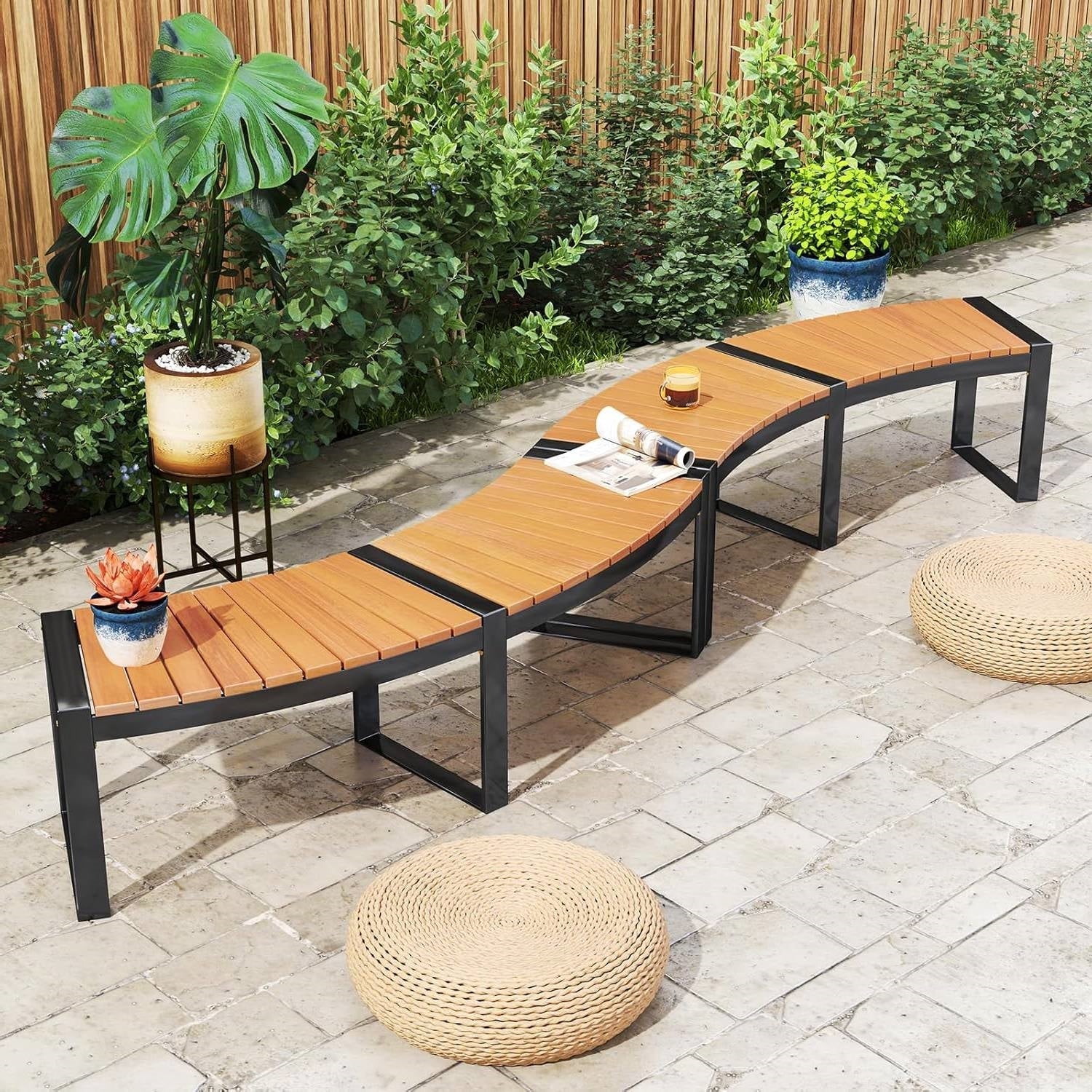 Set of 2 - Outdoor, Metal, Backless Garden Bench with Modern Curved Design