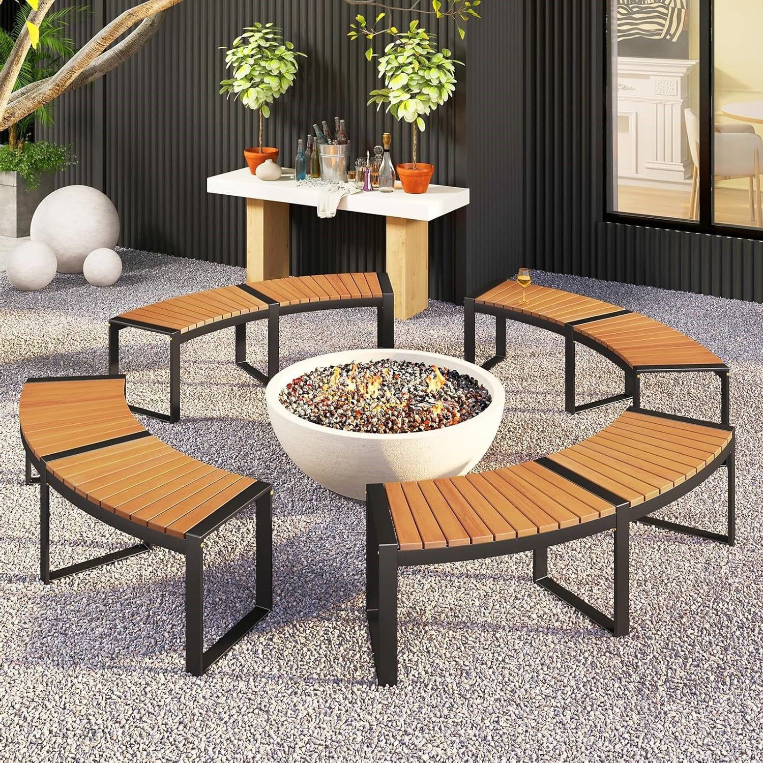 Set of 2 - Outdoor, Metal, Backless Garden Bench with Modern Curved Design