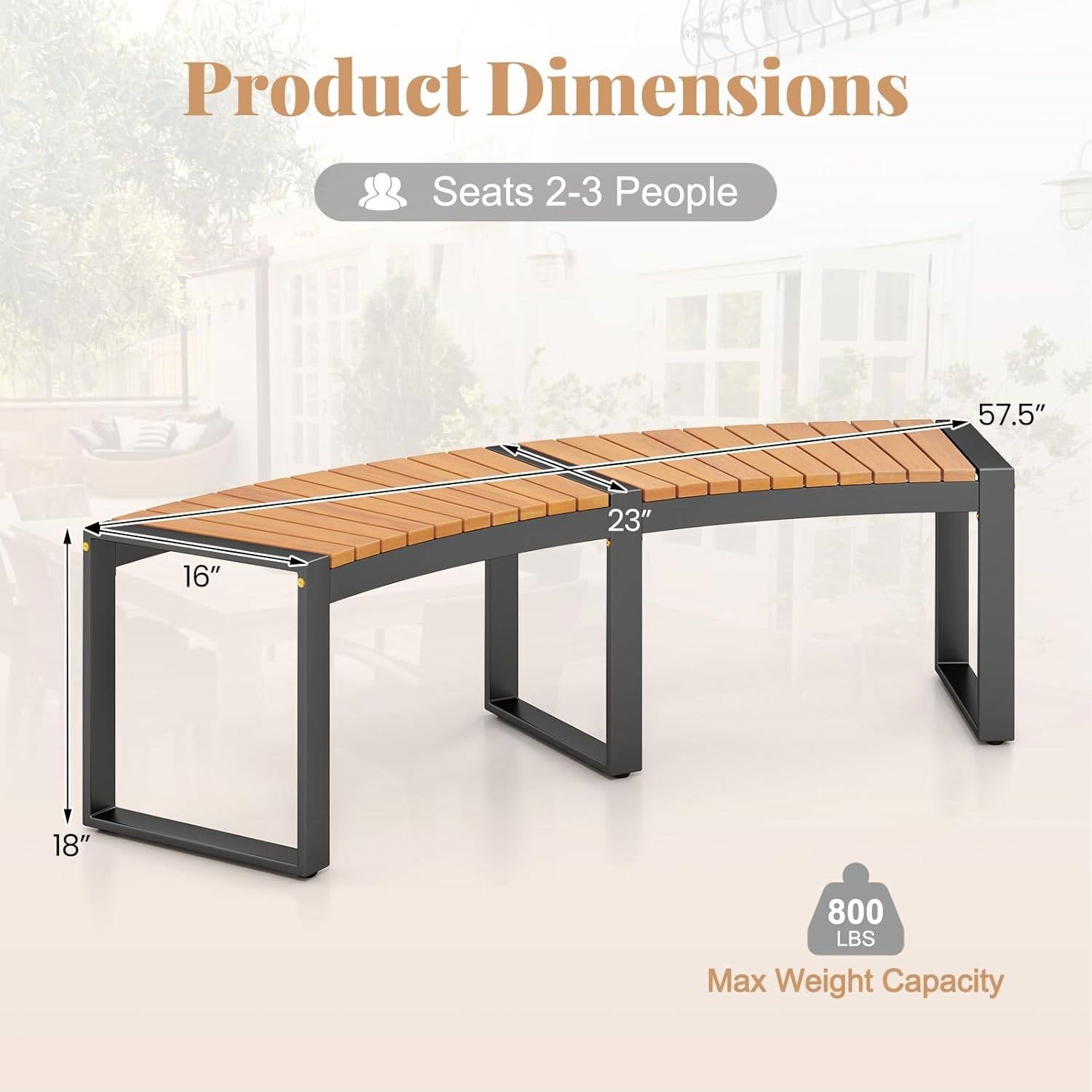 Set of 2 - Outdoor, Metal, Backless Garden Bench with Modern Curved Design