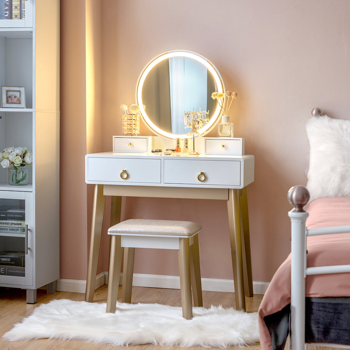 Set 3 Makeup Vanity Table Color Lighting Jewelry Divider Dressing Table-White