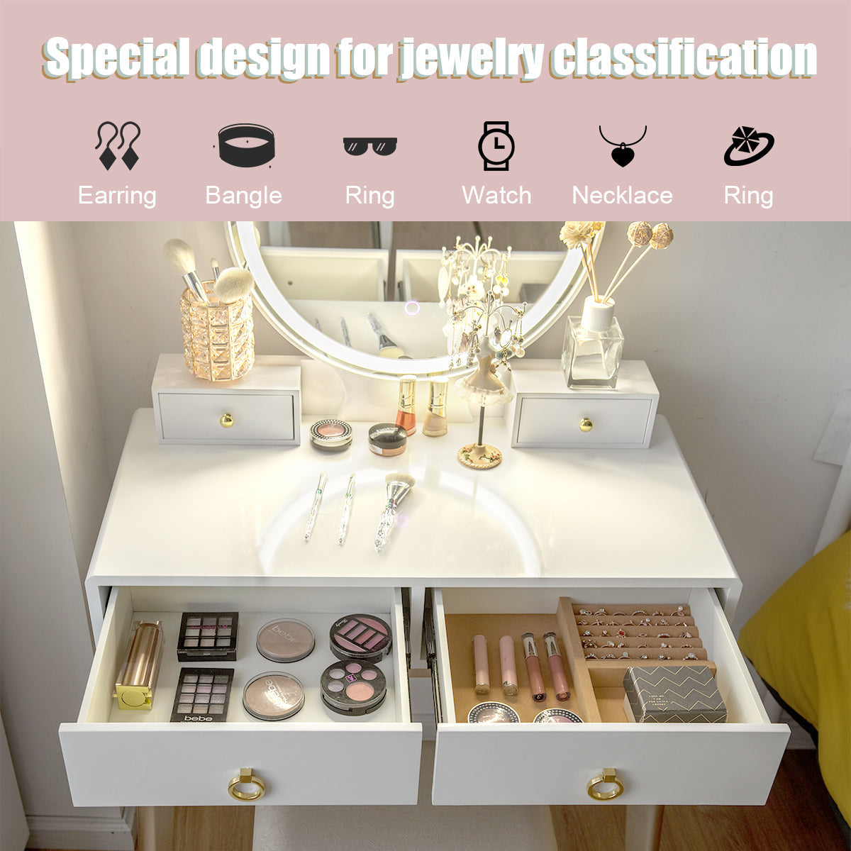 Set 3 Makeup Vanity Table Color Lighting Jewelry Divider Dressing Table-White