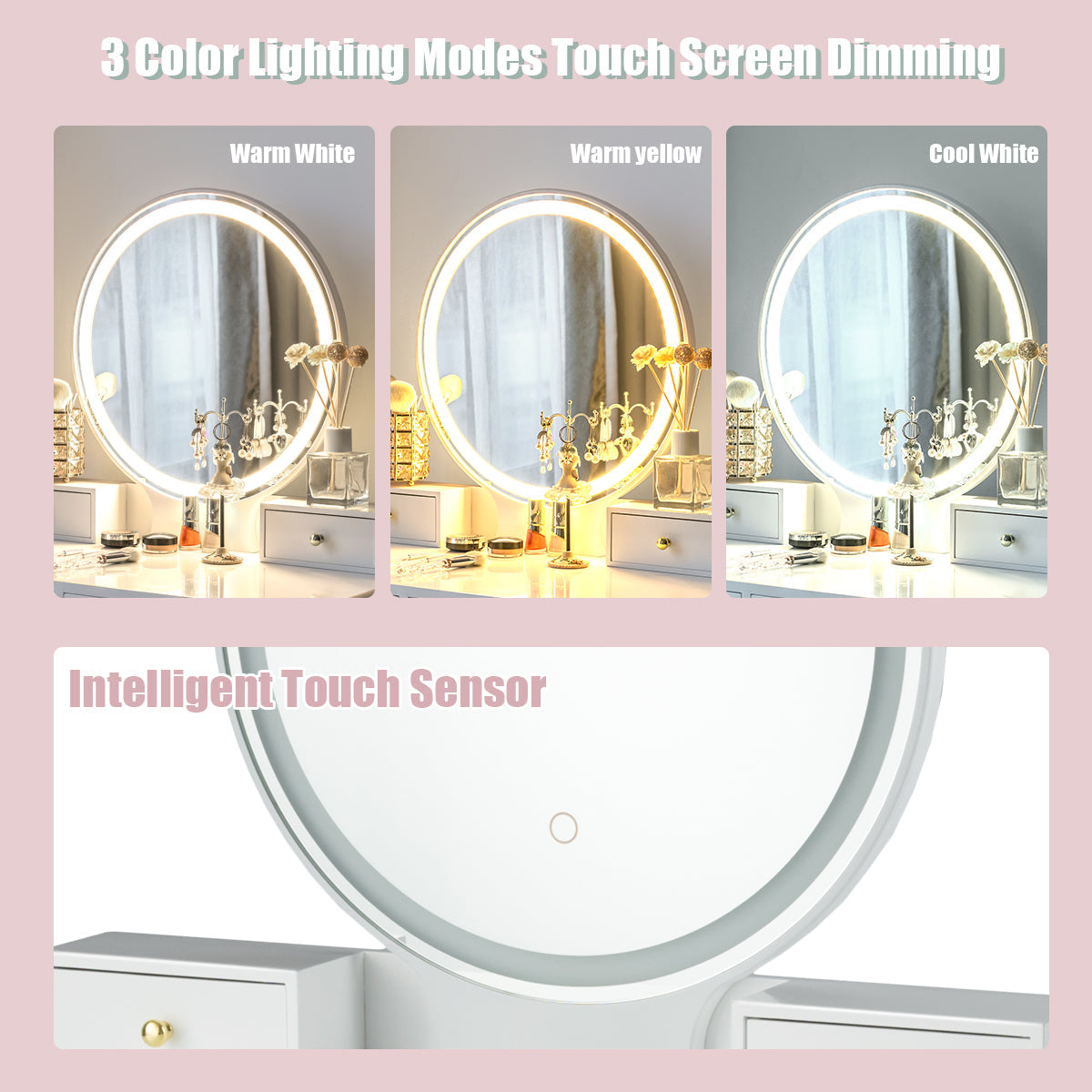 Set 3 Makeup Vanity Table Color Lighting Jewelry Divider Dressing Table-White