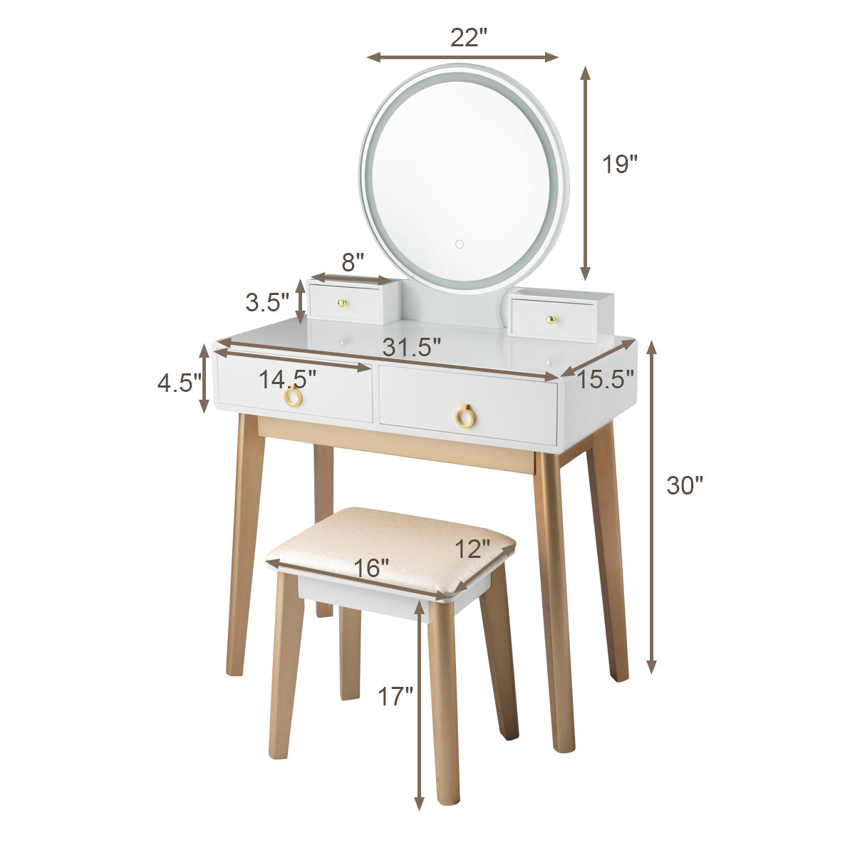 Set 3 Makeup Vanity Table Color Lighting Jewelry Divider Dressing Table-White