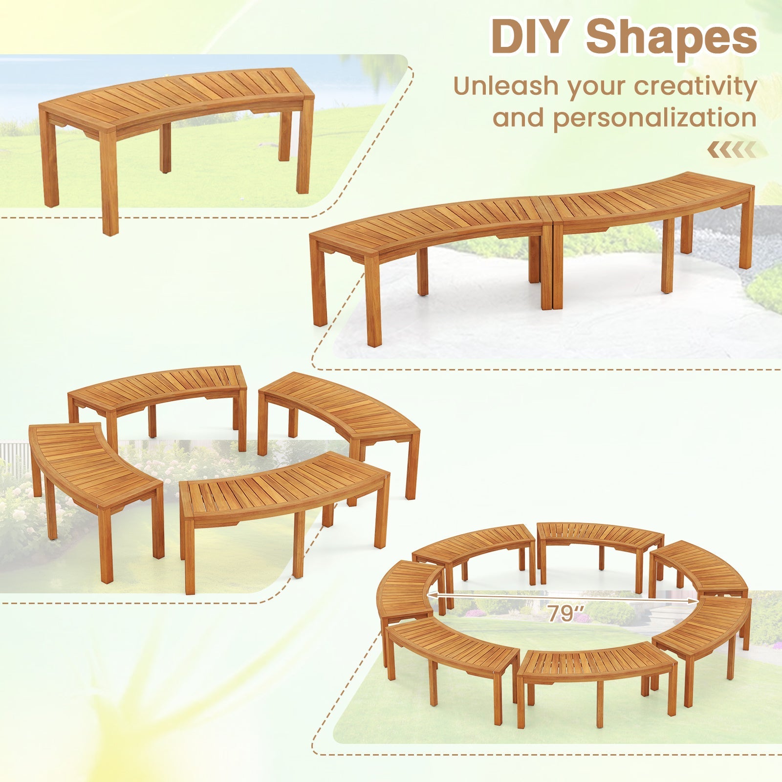 Set of 1 Outdoor Curved Garden Bench 2-Person