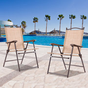 Set of 2 Patio Folding Sling Back Camping Deck Chairs-Beige