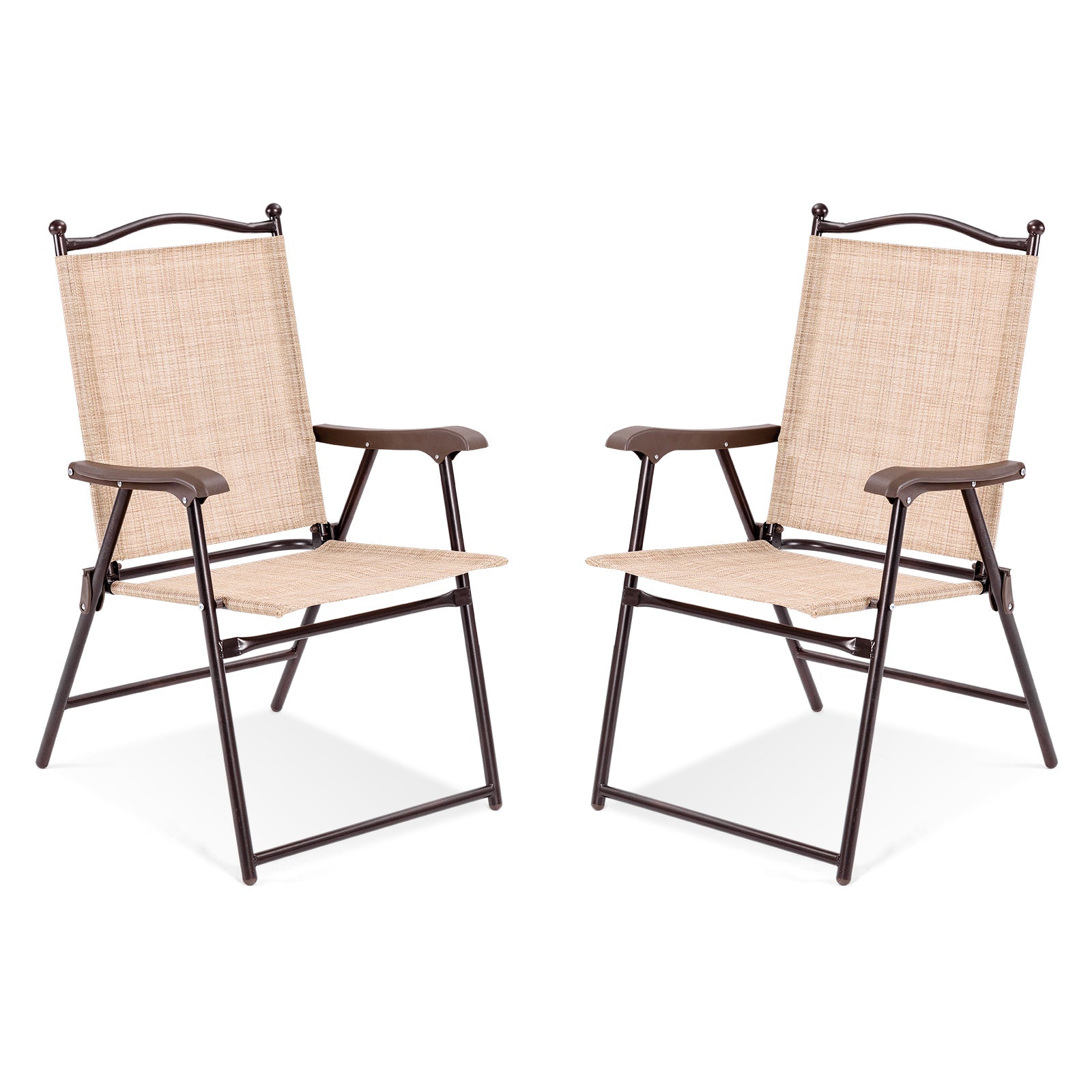 Set of 2 Patio Folding Sling Back Camping Deck Chairs-Beige