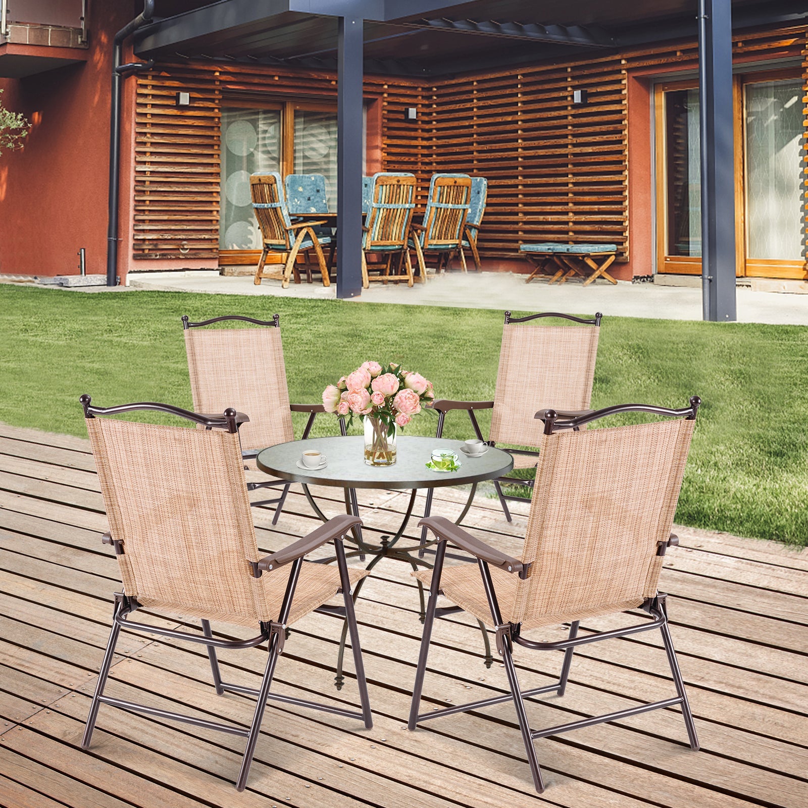 Set of 2 Patio Folding Sling Back Camping Deck Chairs-Beige