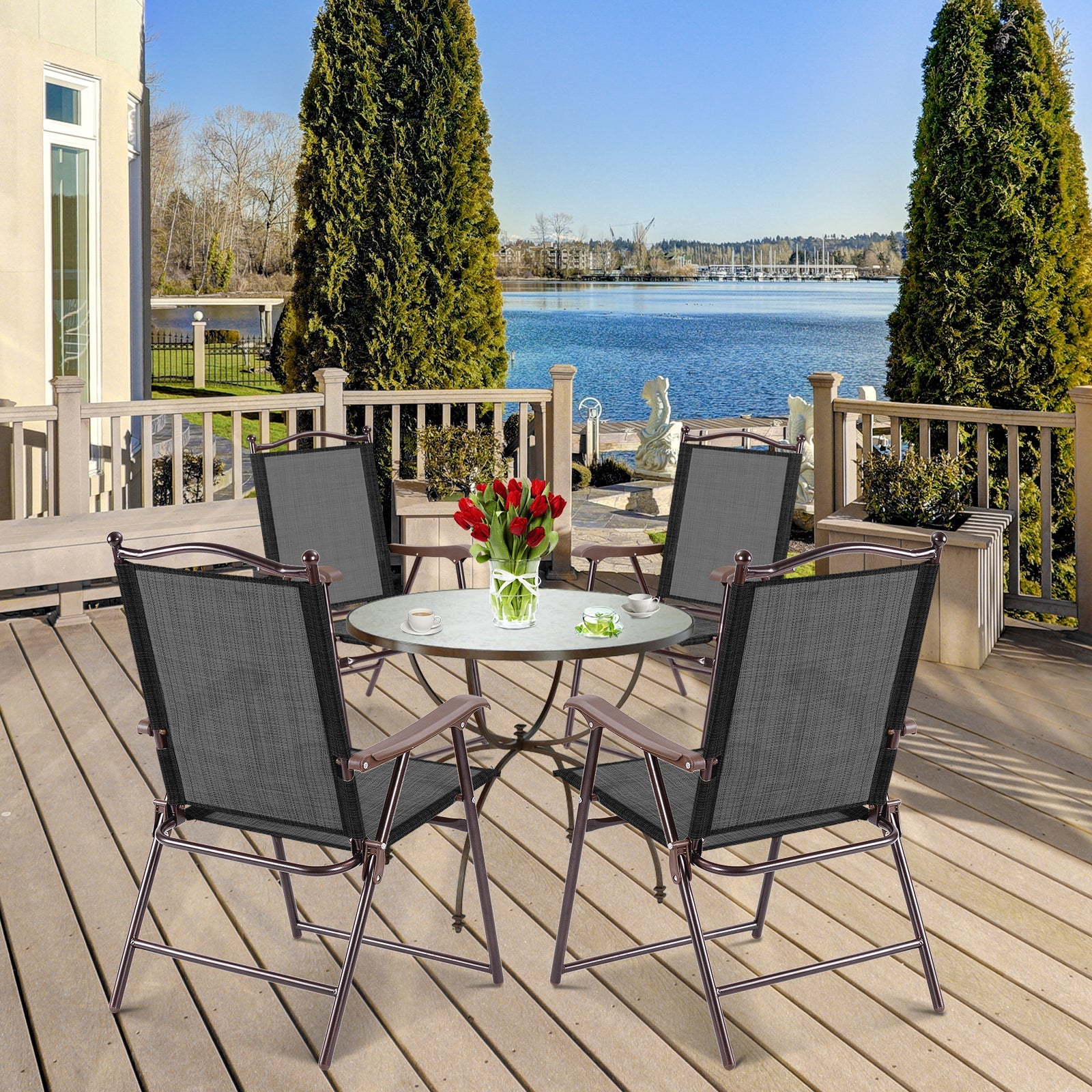 Set of 2 Patio Folding Sling Back Camping Deck Chairs-Black