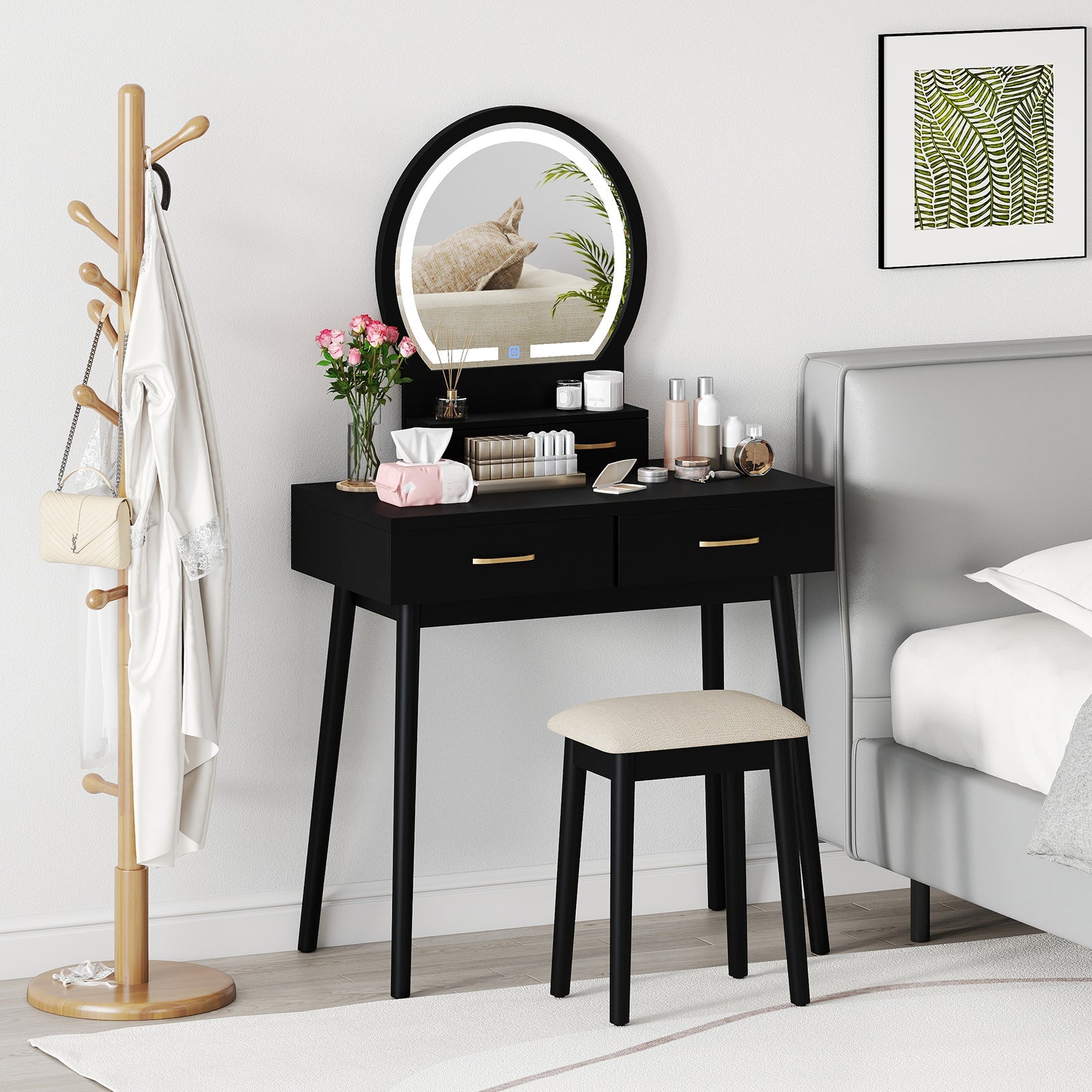 small dressing table black Small Vanity Makeup Dressing Table Set - Black