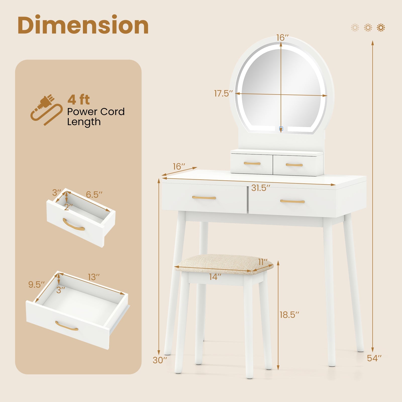 Small Vanity Makeup Dressing Table Set -White