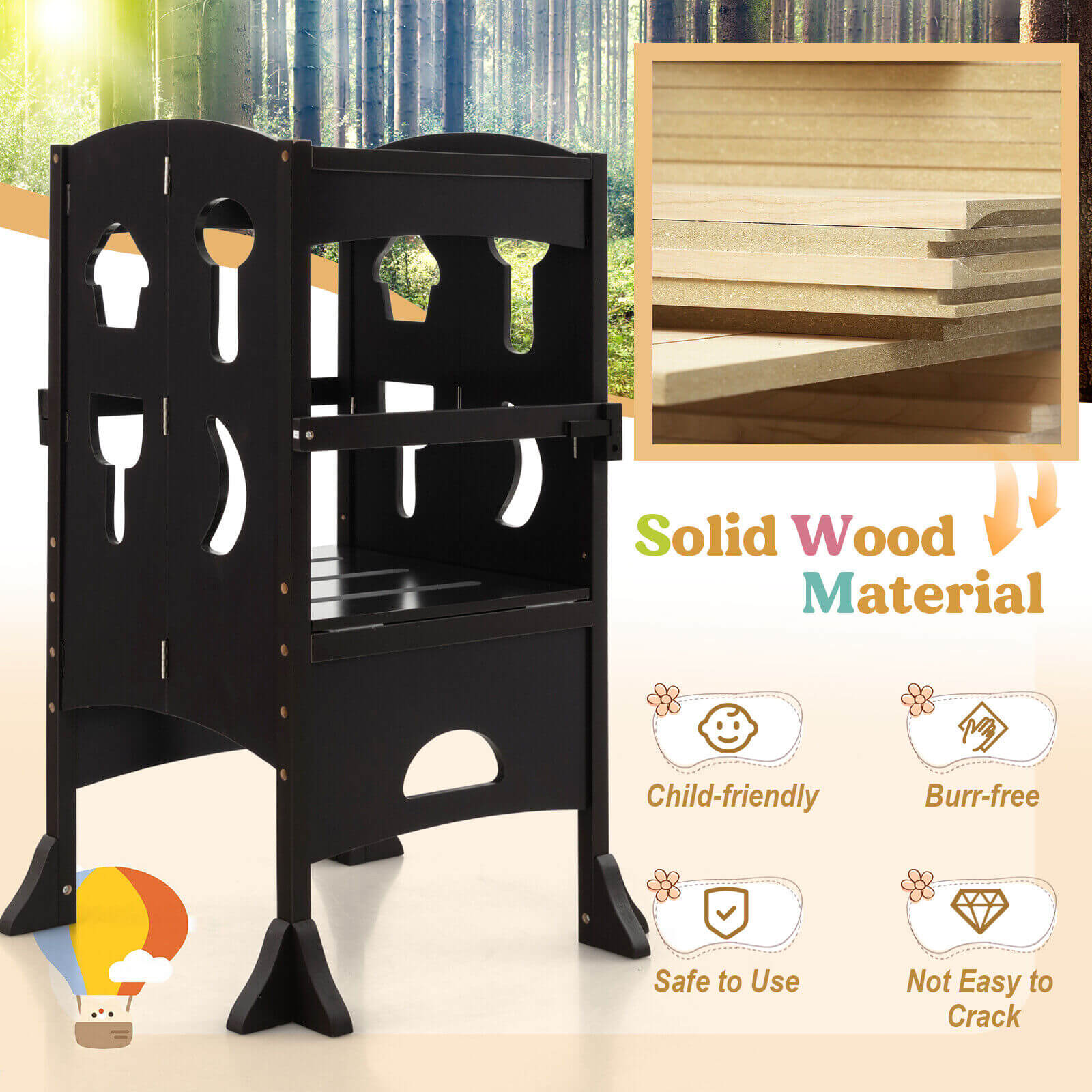 Folding Wooden Step Stool with Lockable Safety Rail for Toddlers -Coffee
