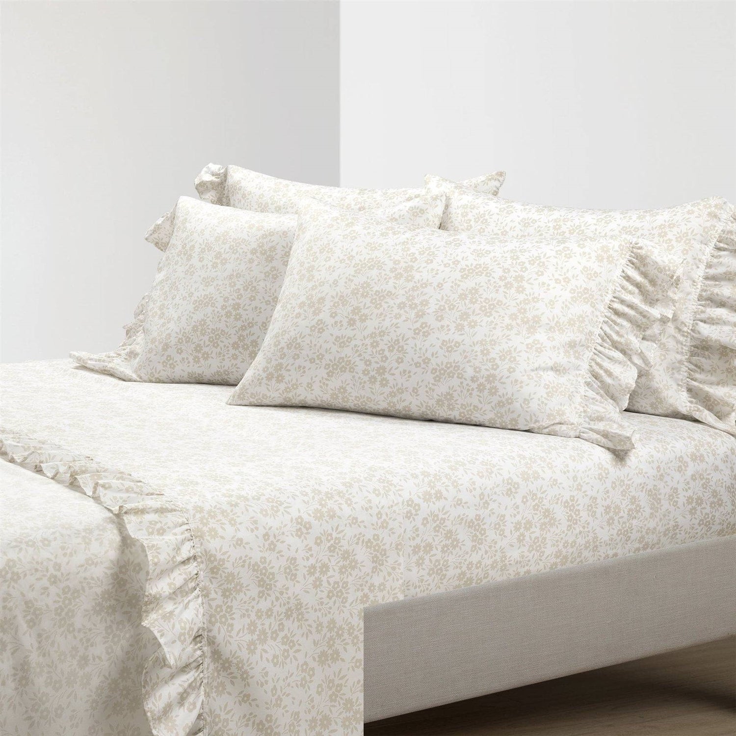 King Size, Tan White, Floral Ruffle Polyester 6 Piece Sheet Set