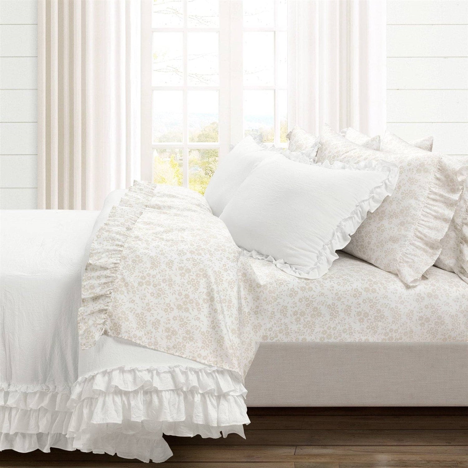 King Size, Tan White, Floral Ruffle Polyester 6 Piece Sheet Set