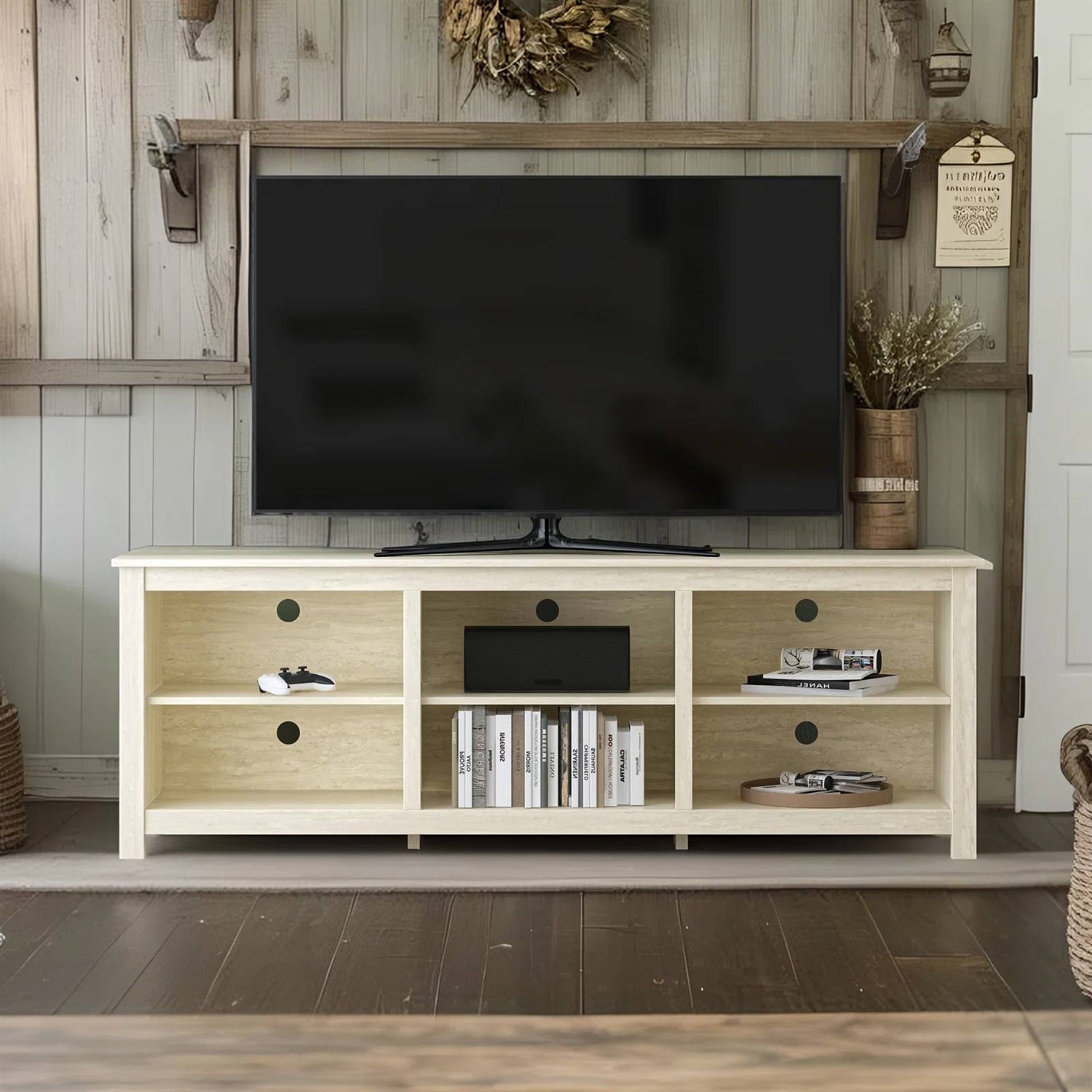 Farmhouse TV Stand in Light Travertine Wood Finish