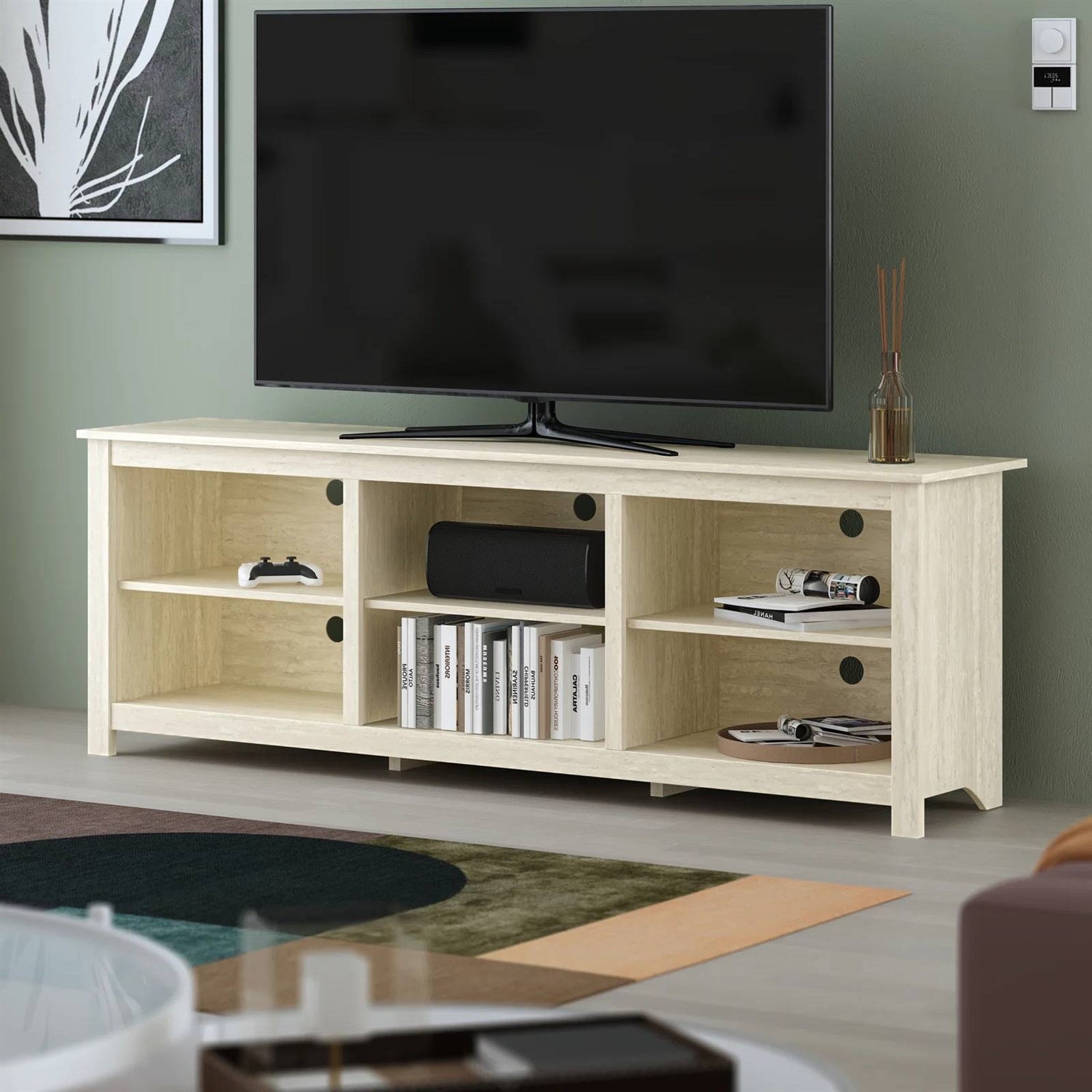Farmhouse TV Stand in Light Travertine Wood Finish