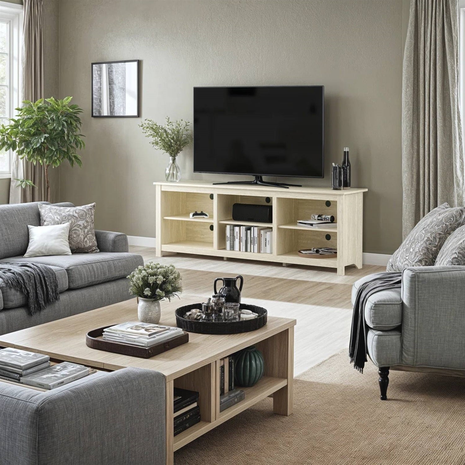 Farmhouse TV Stand in Light Travertine Wood Finish
