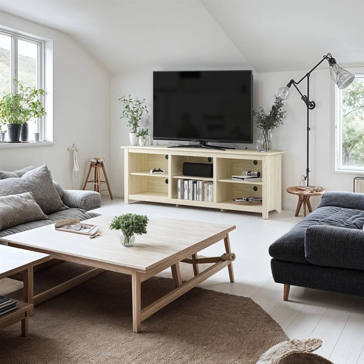Farmhouse TV Stand in Light Travertine Wood Finish