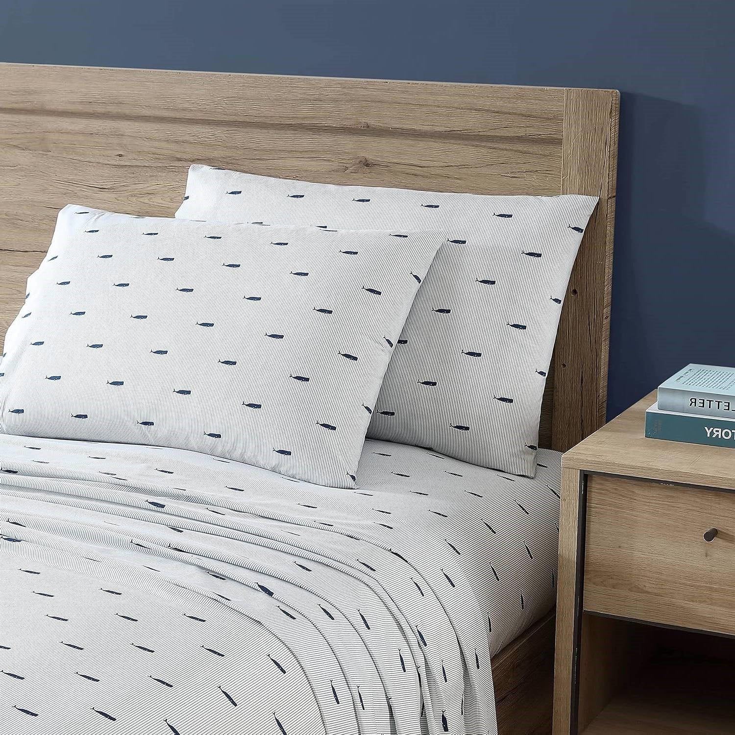 Twin XL Size, Cotton Navy Blue, White Stripe, Sheet Set