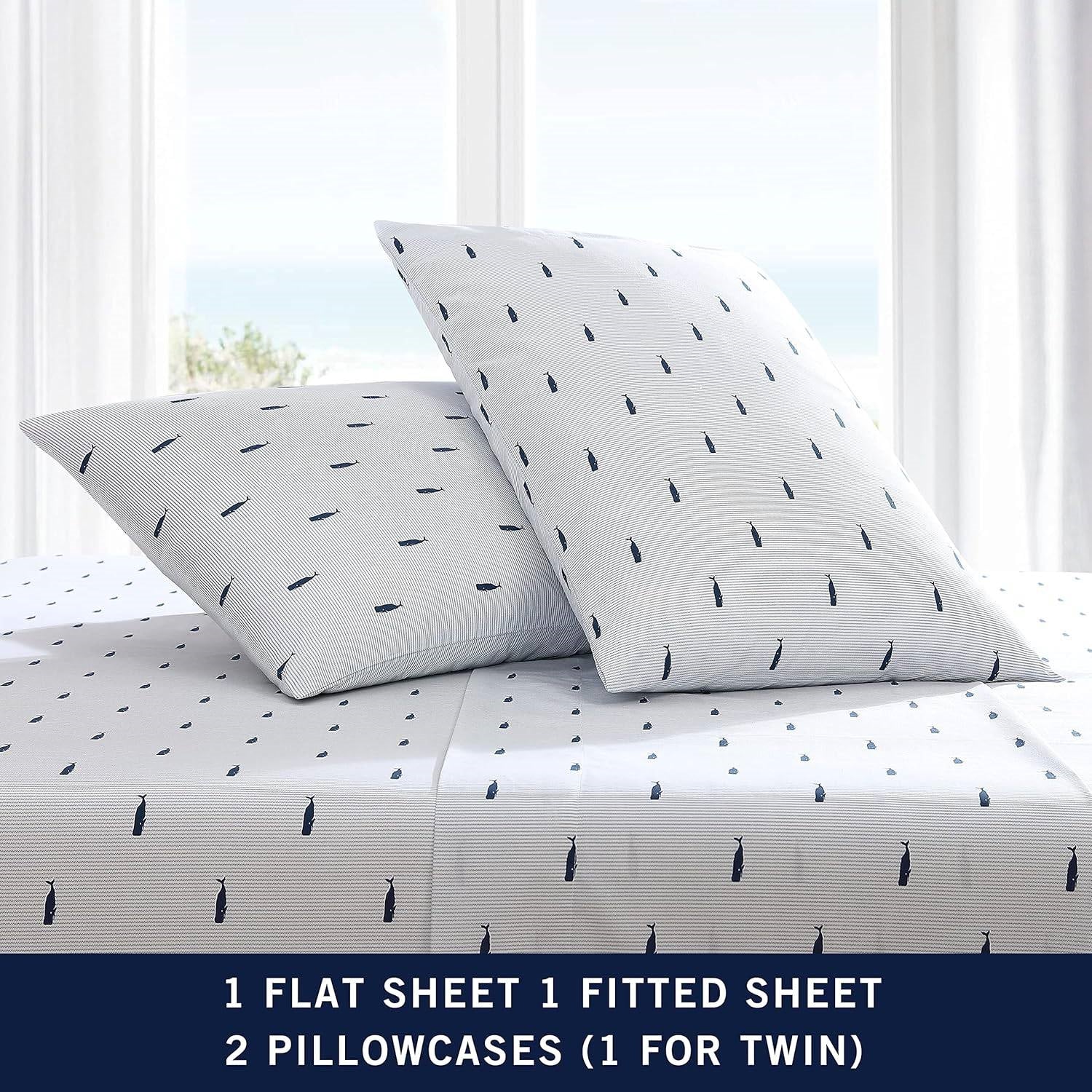 Twin XL Size, Cotton Navy Blue, White Stripe, Sheet Set