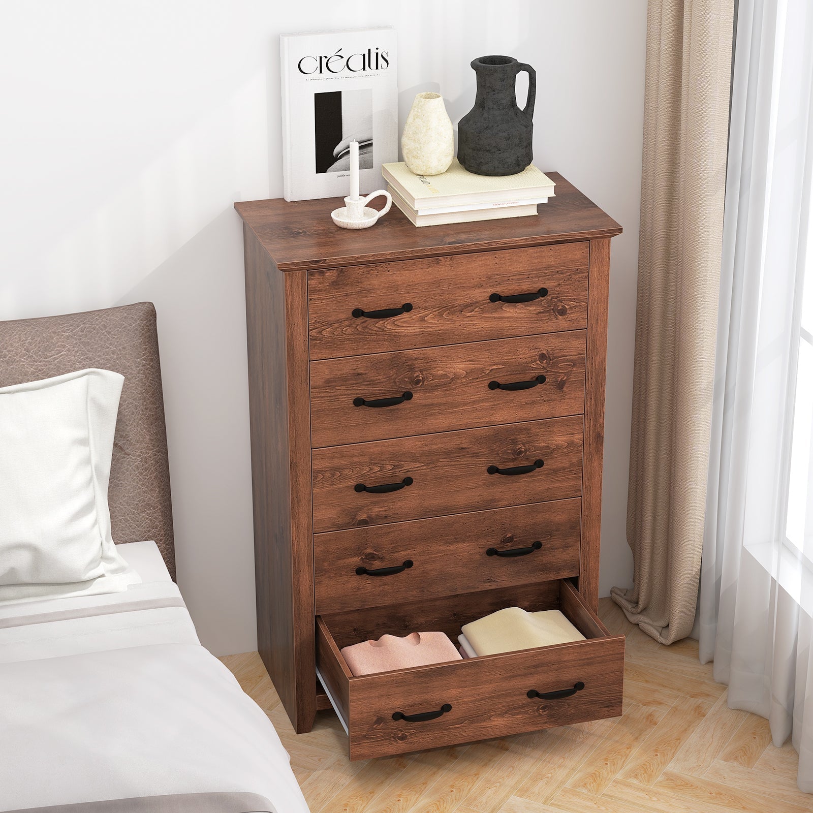 Tall Storage Dresser with 5 Pull-out Drawers -Walnut