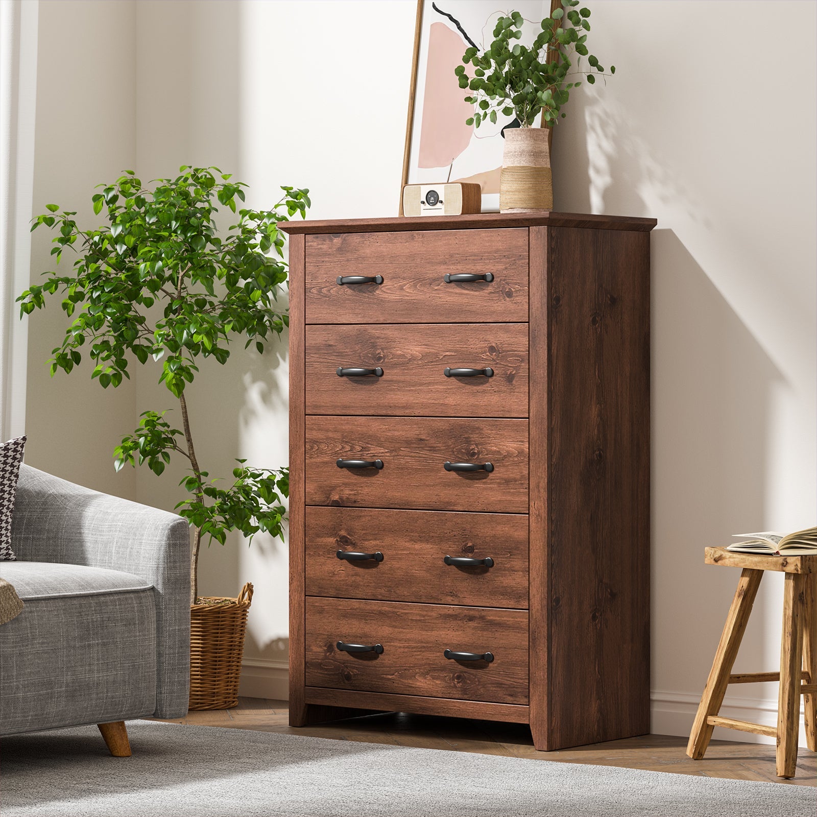 Tall Storage Dresser with 5 Pull-out Drawers -Walnut
