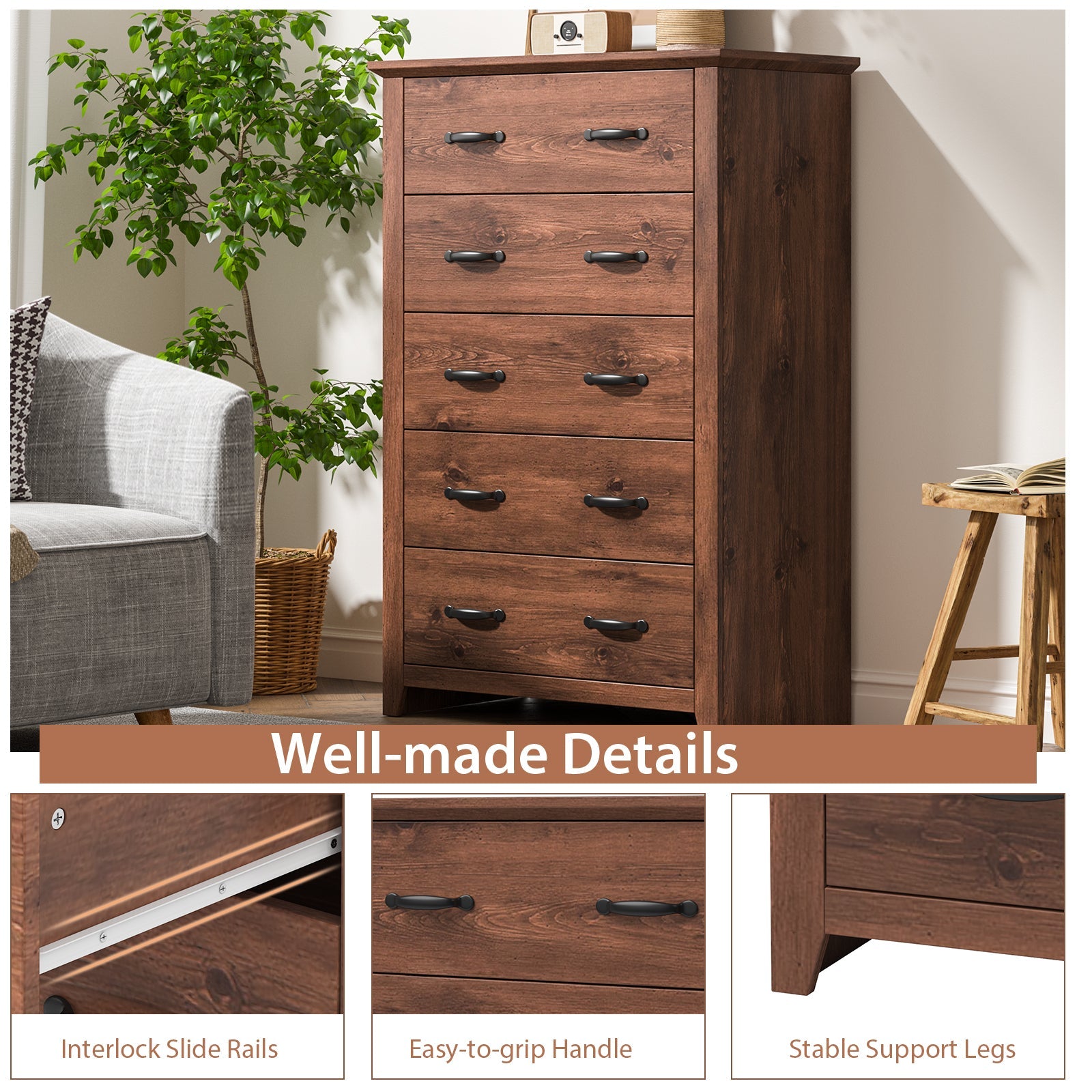 Tall Storage Dresser with 5 Pull-out Drawers -Walnut