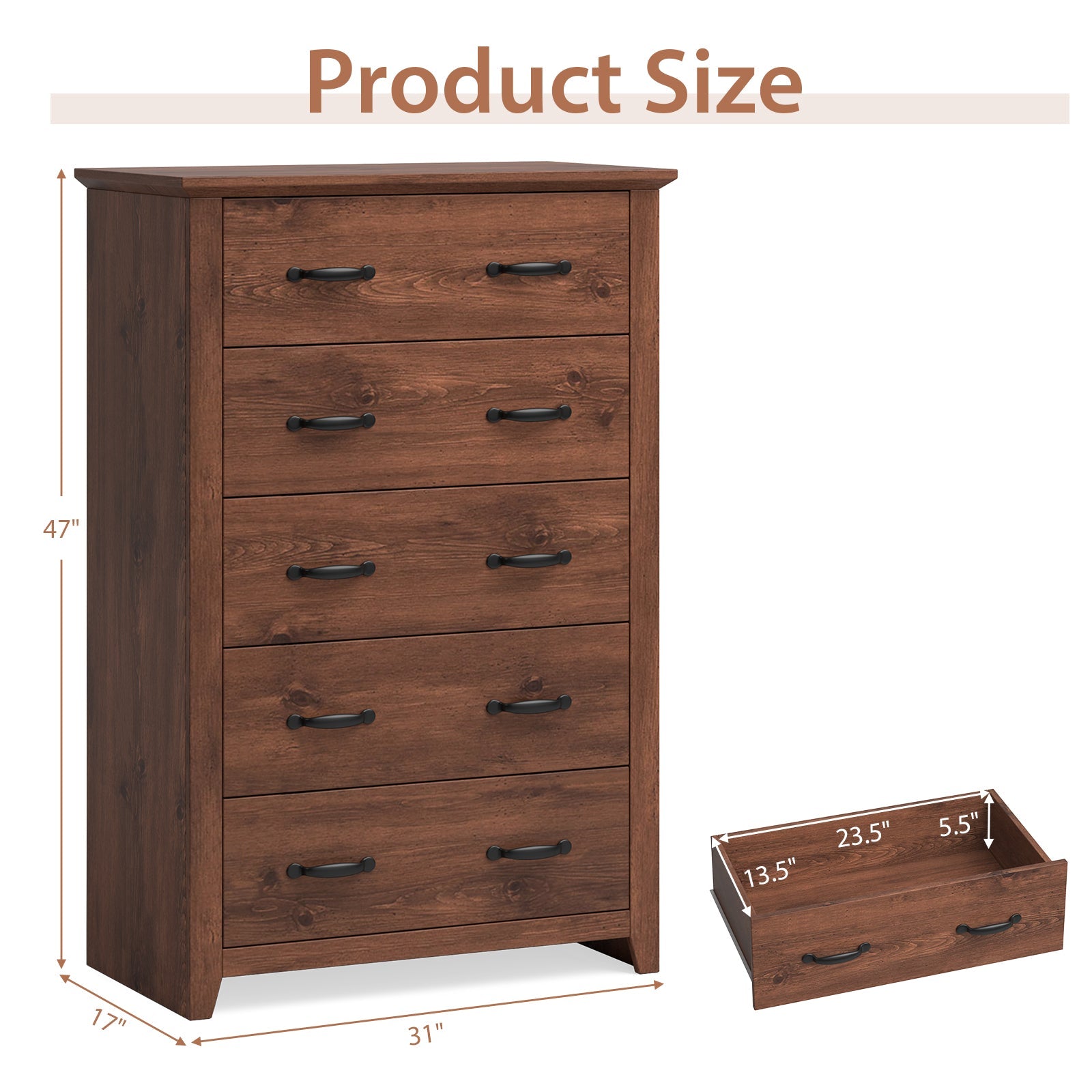 Tall Storage Dresser with 5 Pull-out Drawers -Walnut