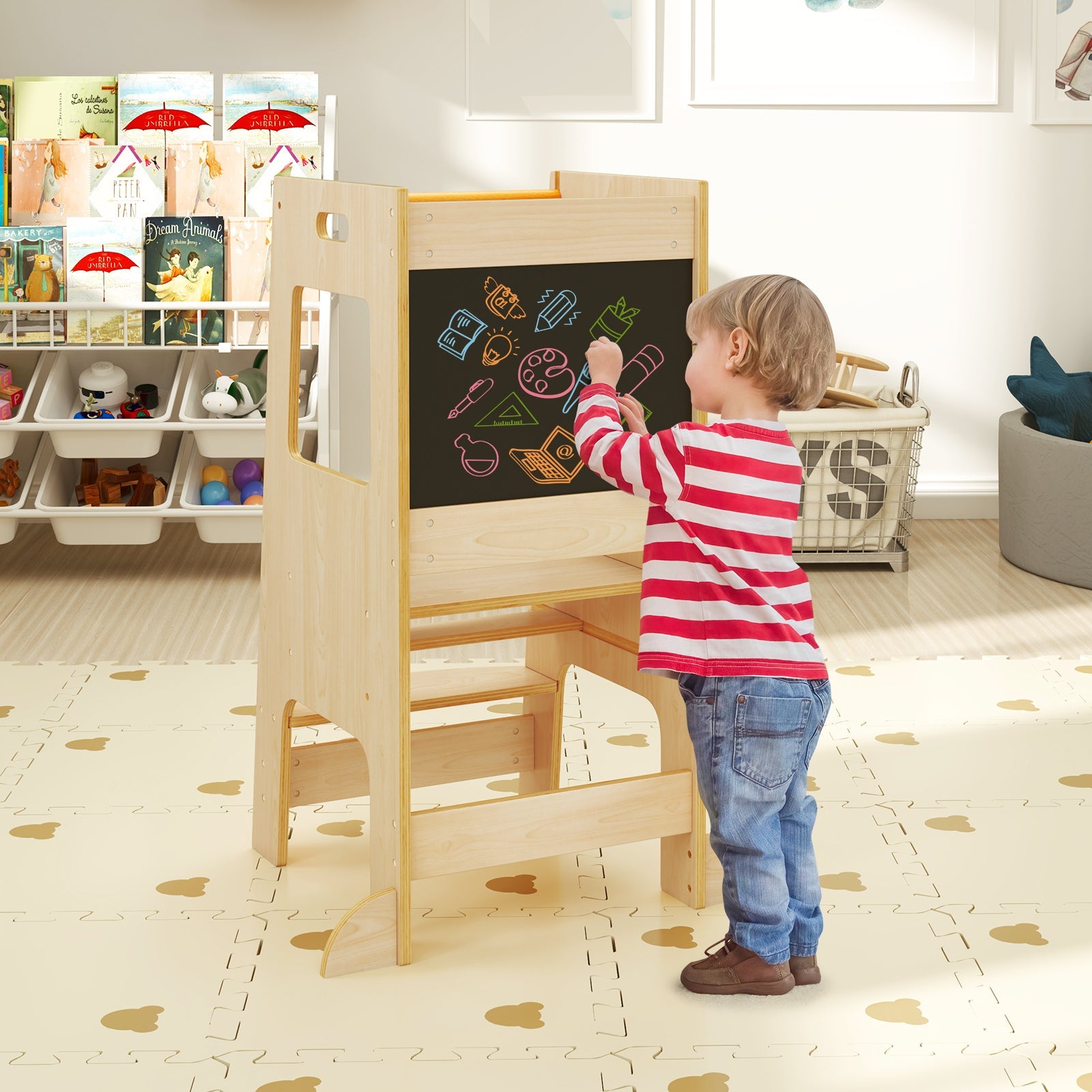 Toddler Kitchen Step Stool with Activity Chalkboard & Adjustable Height-Natural