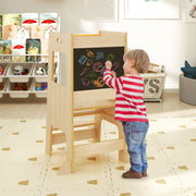 Toddler Kitchen Step Stool with Activity Chalkboard & Adjustable Height-Natural