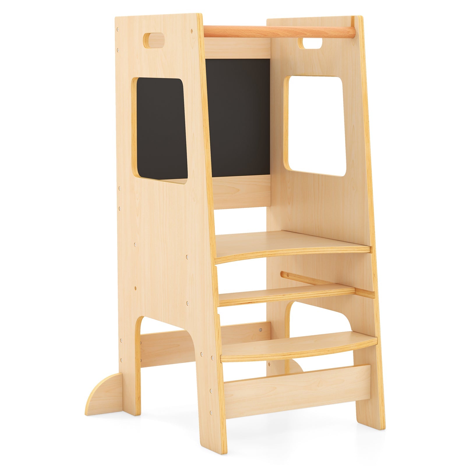 Toddler Kitchen Step Stool with Activity Chalkboard & Adjustable Height-Natural