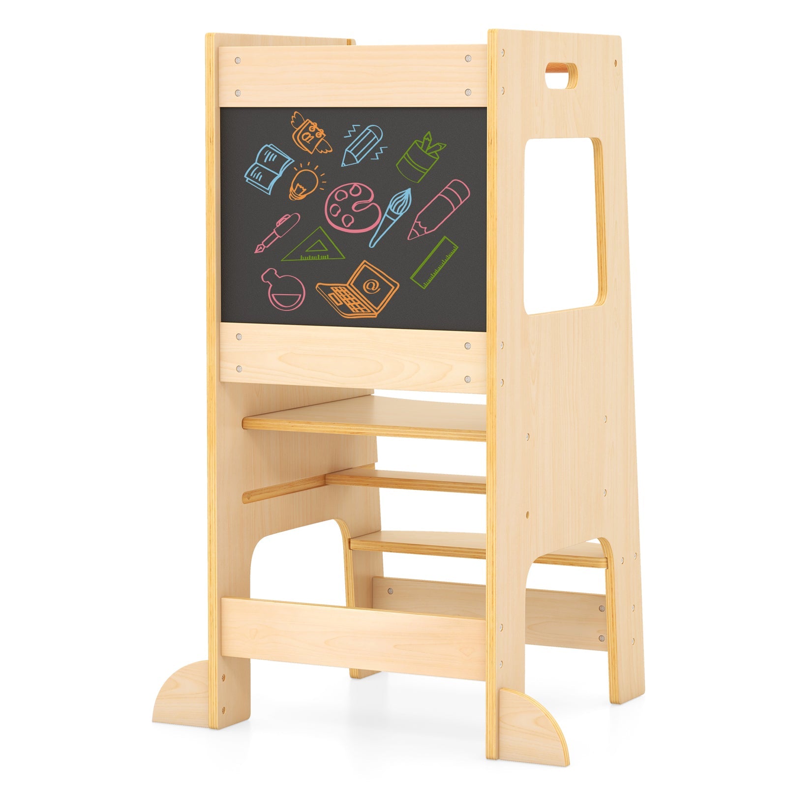 Toddler Kitchen Step Stool with Activity Chalkboard & Adjustable Height-Natural