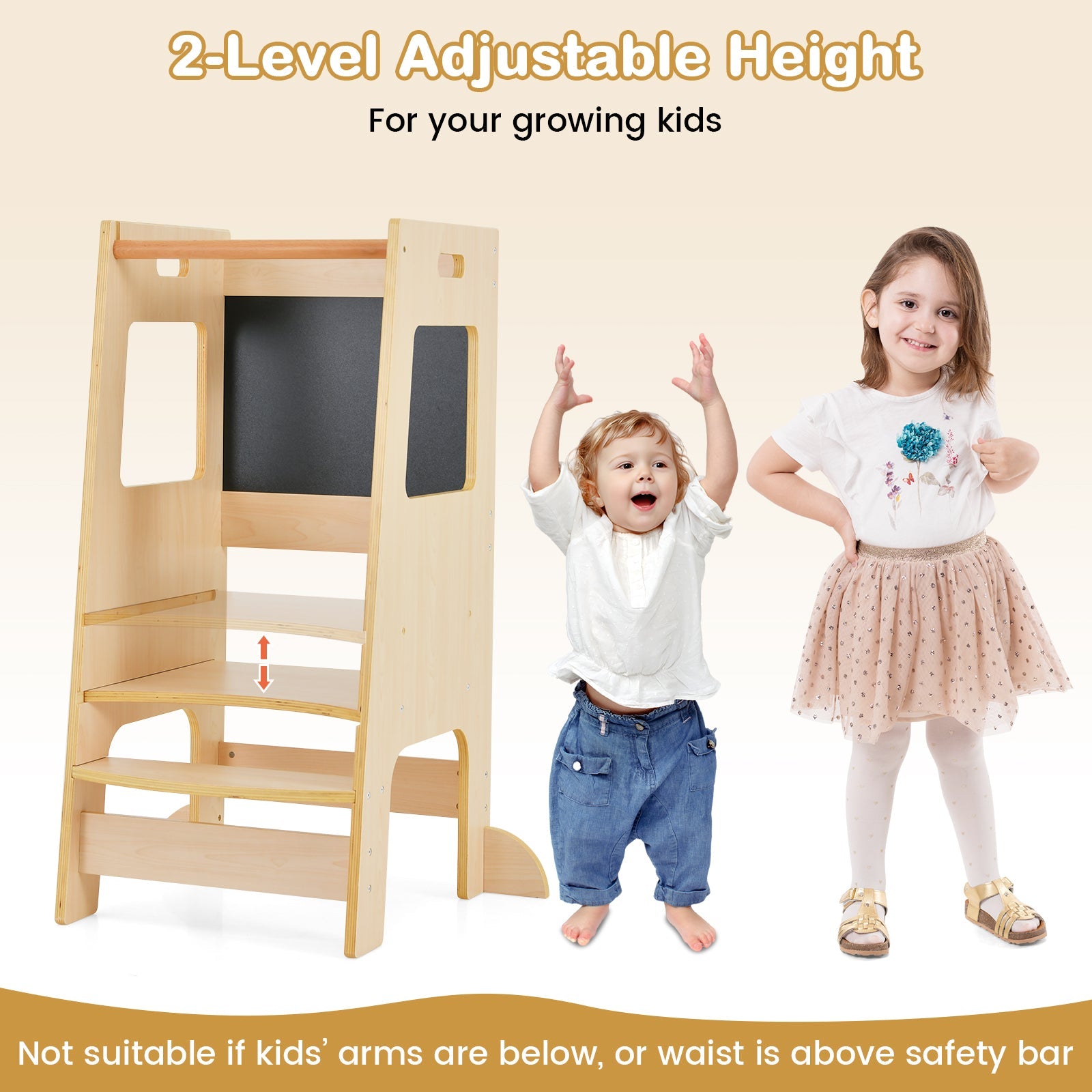 Toddler Kitchen Step Stool with Activity Chalkboard & Adjustable Height-Natural