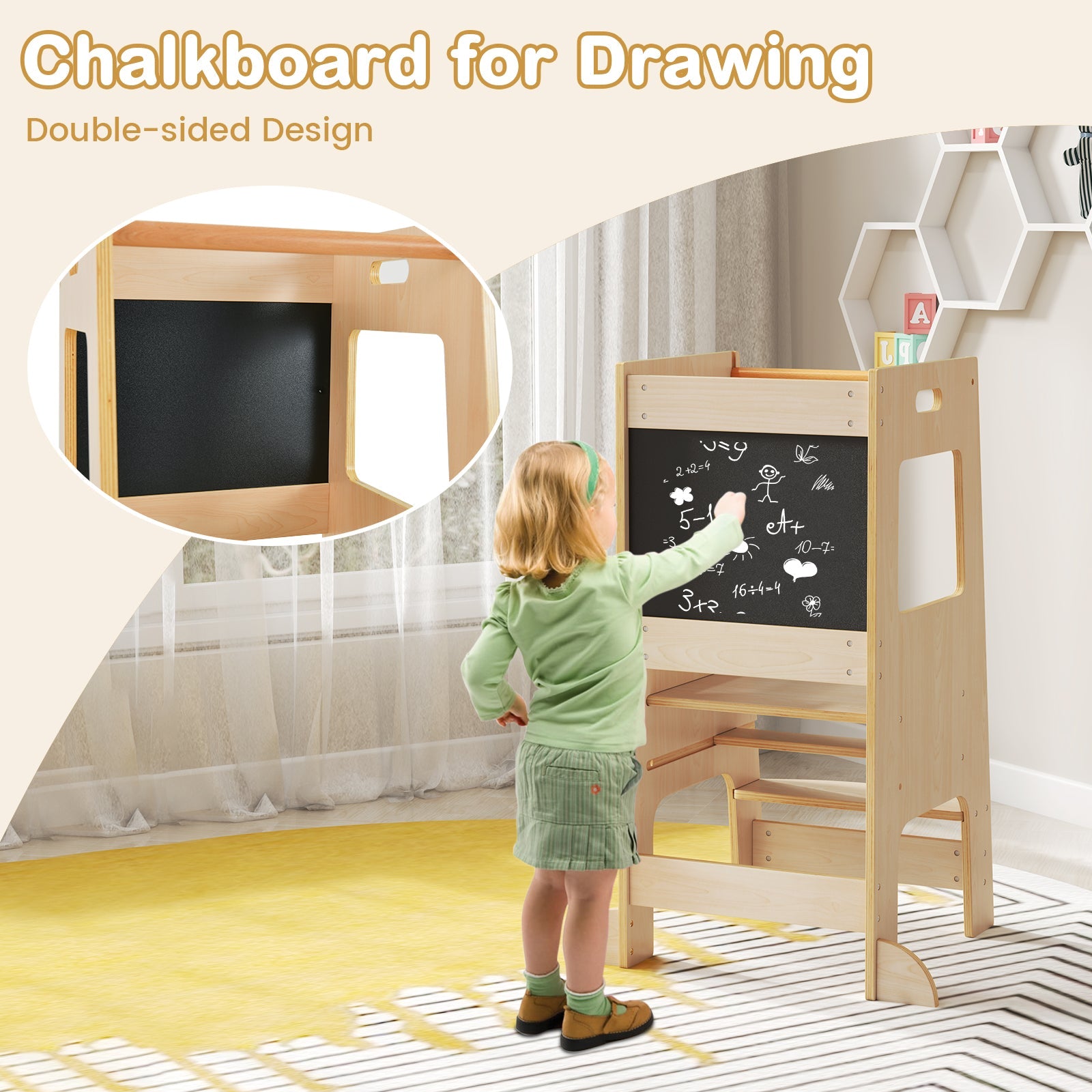 Toddler Kitchen Step Stool with Activity Chalkboard & Adjustable Height-Natural
