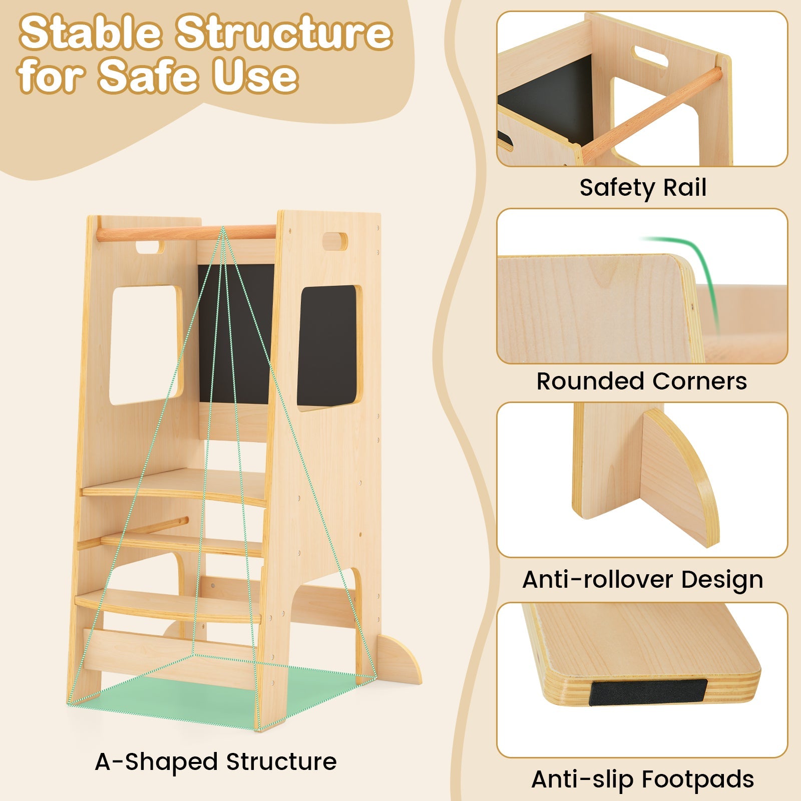 Toddler Kitchen Step Stool with Activity Chalkboard & Adjustable Height-Natural