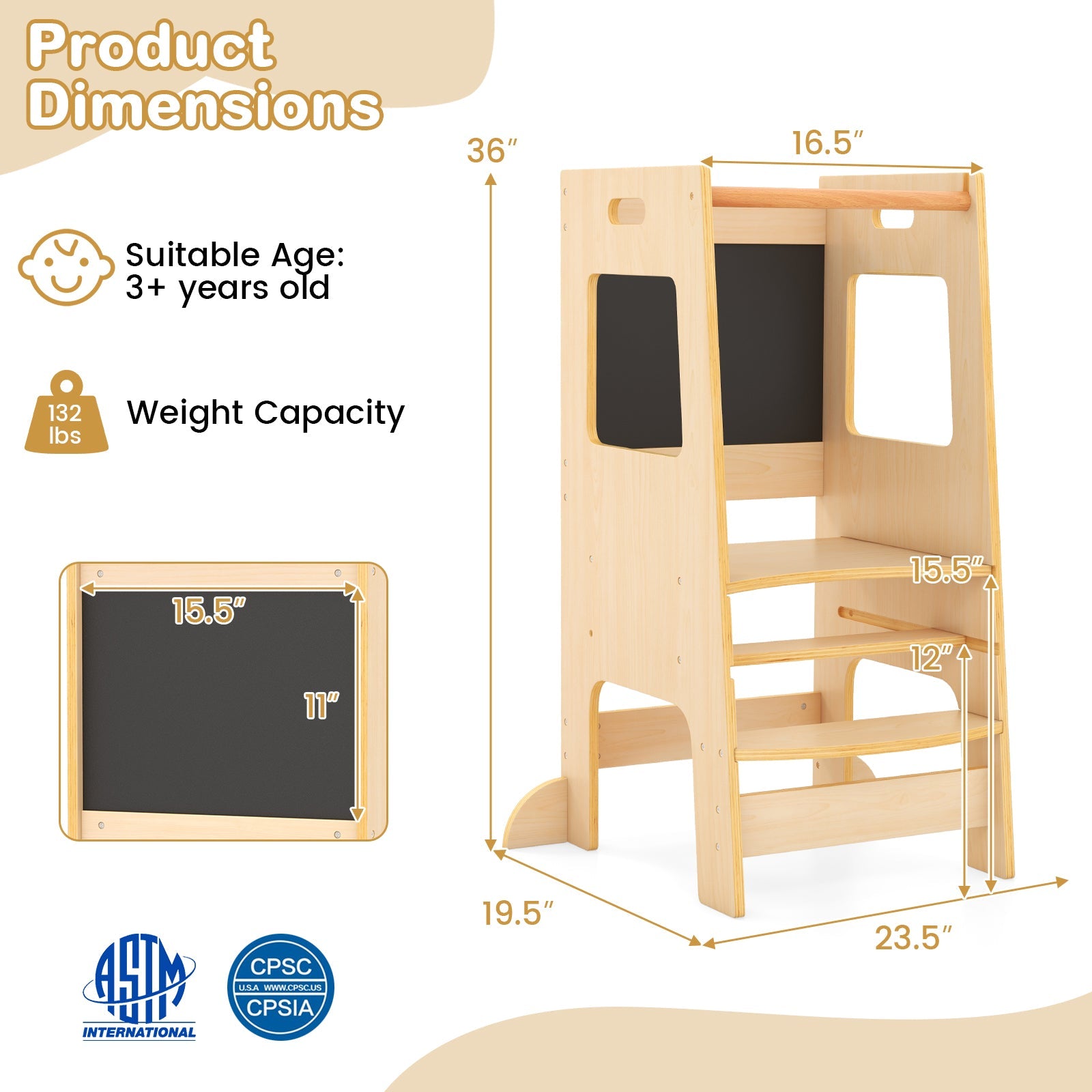 Toddler Kitchen Step Stool with Activity Chalkboard & Adjustable Height-Natural